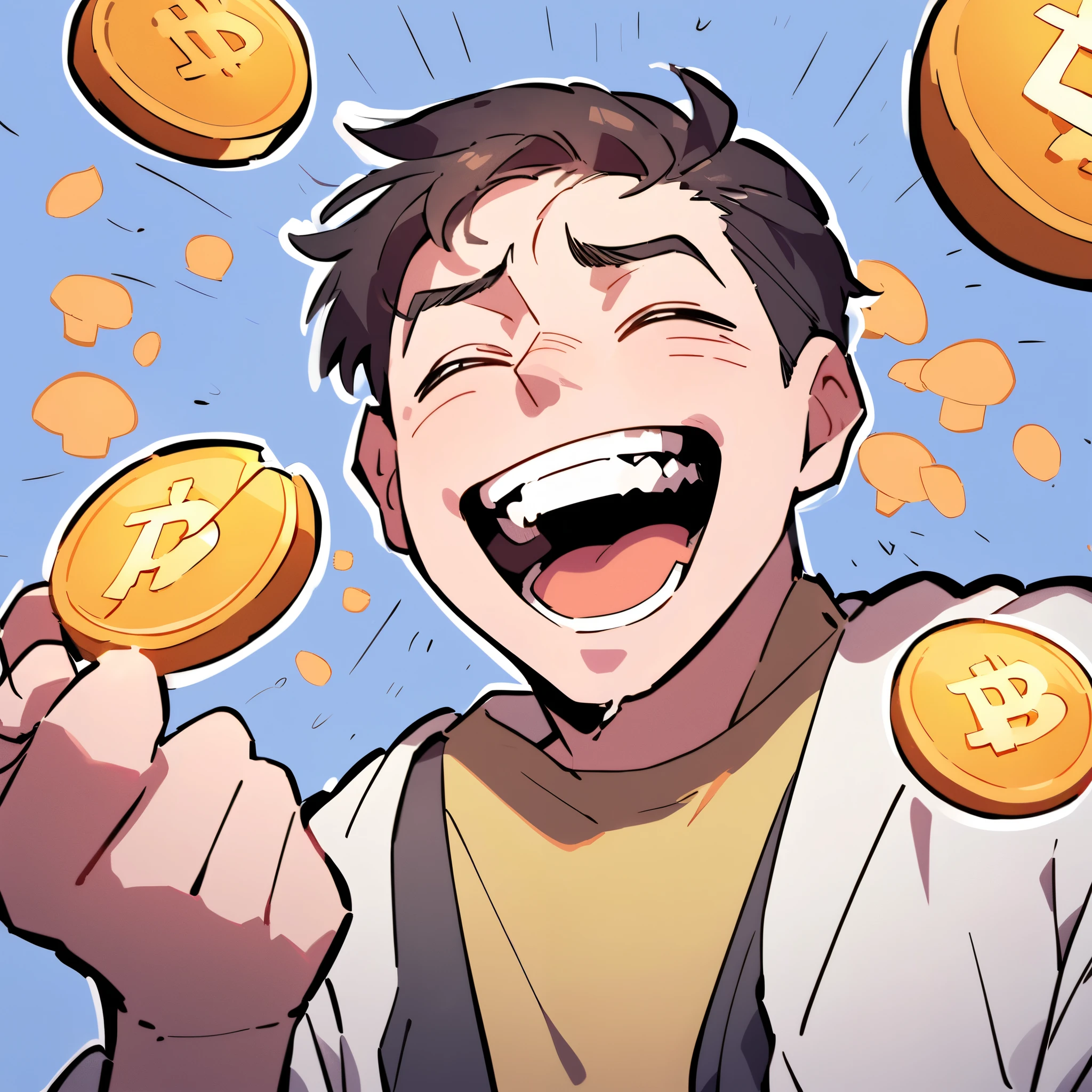 Character:Middle aged 20-30 year old man scene:Simple background action in the style of Bitcoin cryptocurrency:Laughing exaggerating,I have the color of a broken Bitcoin in my hand: has small mushrooms in the background