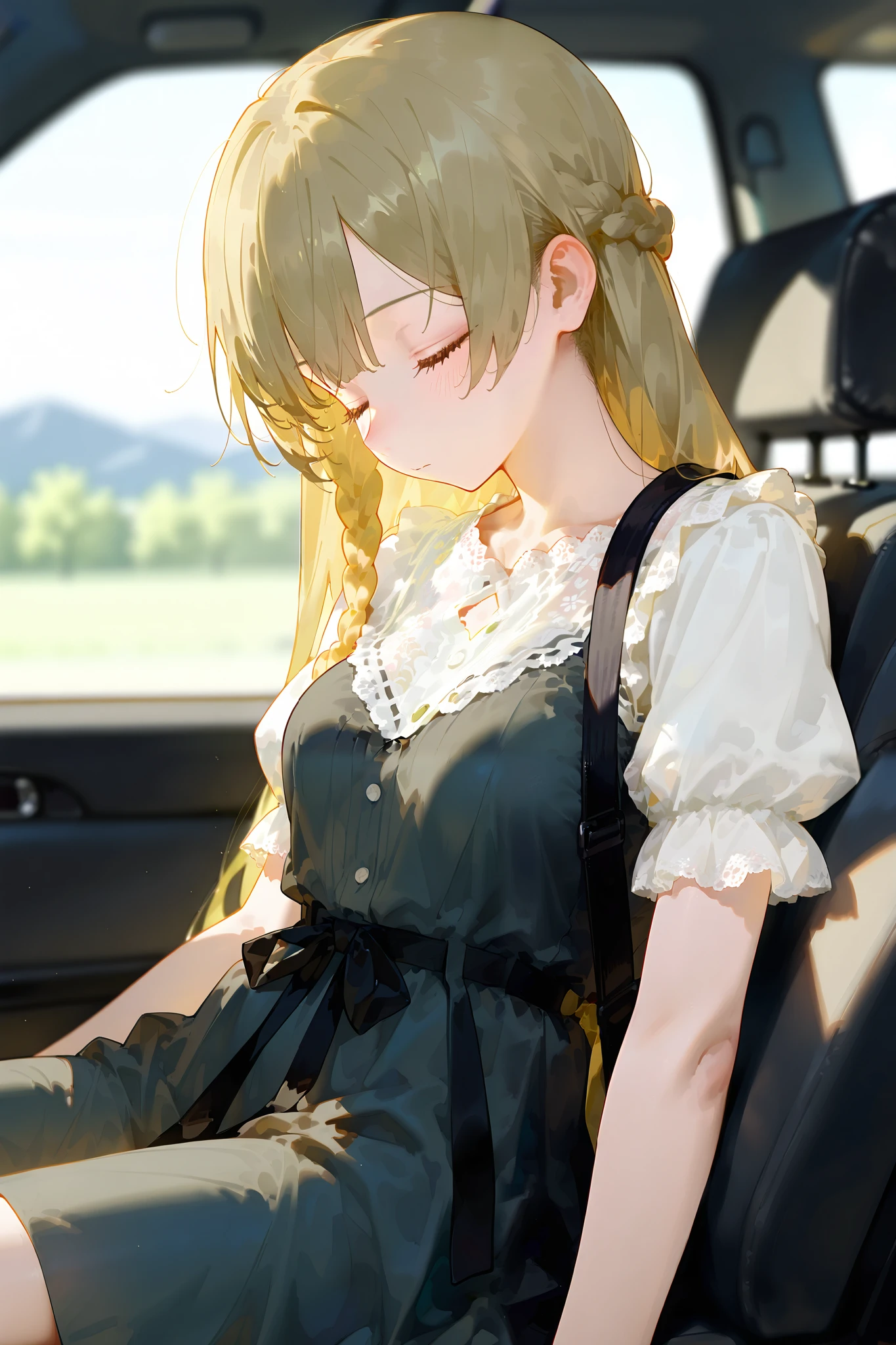 748cmstyle,1girl, 4K resolution, score_9, score_8_up, score_7_up, score_6_up, score_5_up, score_4_up, masterpiece, best quality, crisp quality, detailed eyes, high res, real skin, Hanabusa Lisa,blue eyes,[green hair], medium breasts, (Black casual dress:1.5), ((white lace-trimmed shirt,  puffy sleeves,short sleeves)), sitting in the passenger seat, Seatbelt digs in between the breasts,sleeping, cowboy shot,     looking down,      from side,         closed eyes,    light blush,     sleepy,                                                    sitting,                                      (spread legs:0.3),      (reclining:1.3),                                                  platform heels,                                                                                                                                                                                                                                                                                              (:1.1) (sunset:1.1),  (blurry background:1.3),   long braid,                                                 																																																														