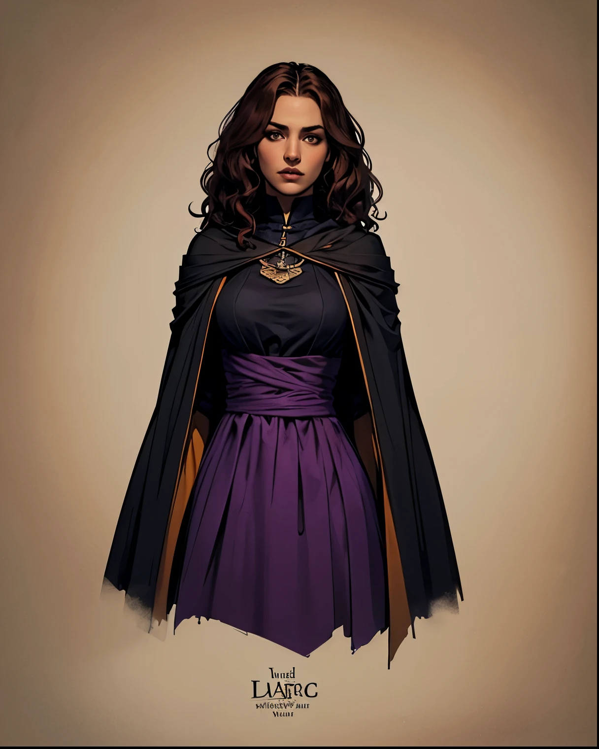 Beautiful woman dressed in a dark purple dress and a black cloak, with brown skin, hair is red long and wavy, Solo, High Resolution, Masterpiece, Anatomically Correct, Accurate, Best Quality, Simple Background, rule of thirds, Wizarding World, Harry Potter