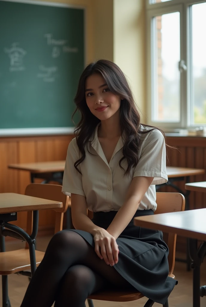 1girl in, 30 years old, Square face, Long hair, Looking at viewer, jewelry, Reality, Sexy, Short skirt outfit, classroom background , free pose