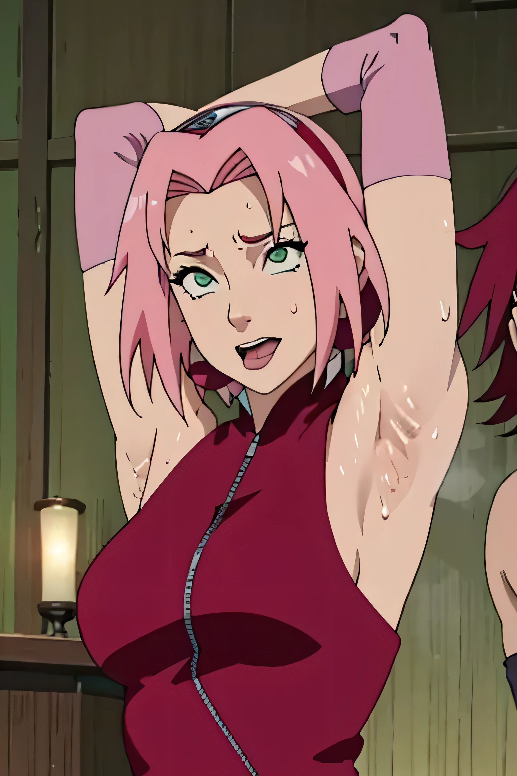 Sakura Haruno,human woman with fair skin.with green eyes and red clothing. Her hair is long and pink in color; She is beautiful. Fair skin.Tsundere face. Pink eye shading,mature appearance,armpits,sweat,sweaty,sweaty armpits,arms up,showing armpits,awesome armpits,outfit,blackish red arm warmers,maroon arm bands,maroon arm warmers,tongue