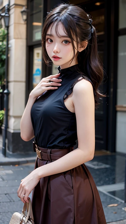 (run a high class brothel、A devilishly beautiful madam who sells useless prostitutes to organ brokers..),NSFW, masterpiece, highest quality, Accurate, UHD, retina, Super detailed, Award history, High resolution, anatomically correct, (realistic:1.4),Raw photo,(Soft saturation:1.3),(Fair skin:1.2),rough skin, 8K,1 girl, alone, mature adult woman, Beautiful Evil, evil and sneaky sexy woman, (perfectly beautiful woman, perfectly beautiful face, Perfectly beautiful eyes, perfectly beautiful nose, perfectly beautiful nose孔, perfectly beautiful lips),(Chestnut hair tied on top of head),(compensate:1.3),(eye reflection:1.3, solid circle eye, ring-shaped eyes, Sparkling pupils:1.2, long eyelashes:0.7, amber eyes),(crystal earrings, collar), sleepy, parted lips, boredom, (enchanting smile:1.4, cruel smile:1.4), (short_hairstyles, glossy lips:1.5,lip reflection:1.5), break, ( average_breasts, sheer_blouse, short_pencil_skirt, stockings:1.5),(outdoor, at the street, looking at user, she is standing naturally:1.5),(Detailed texture of wrinkles in clothing:1.3),