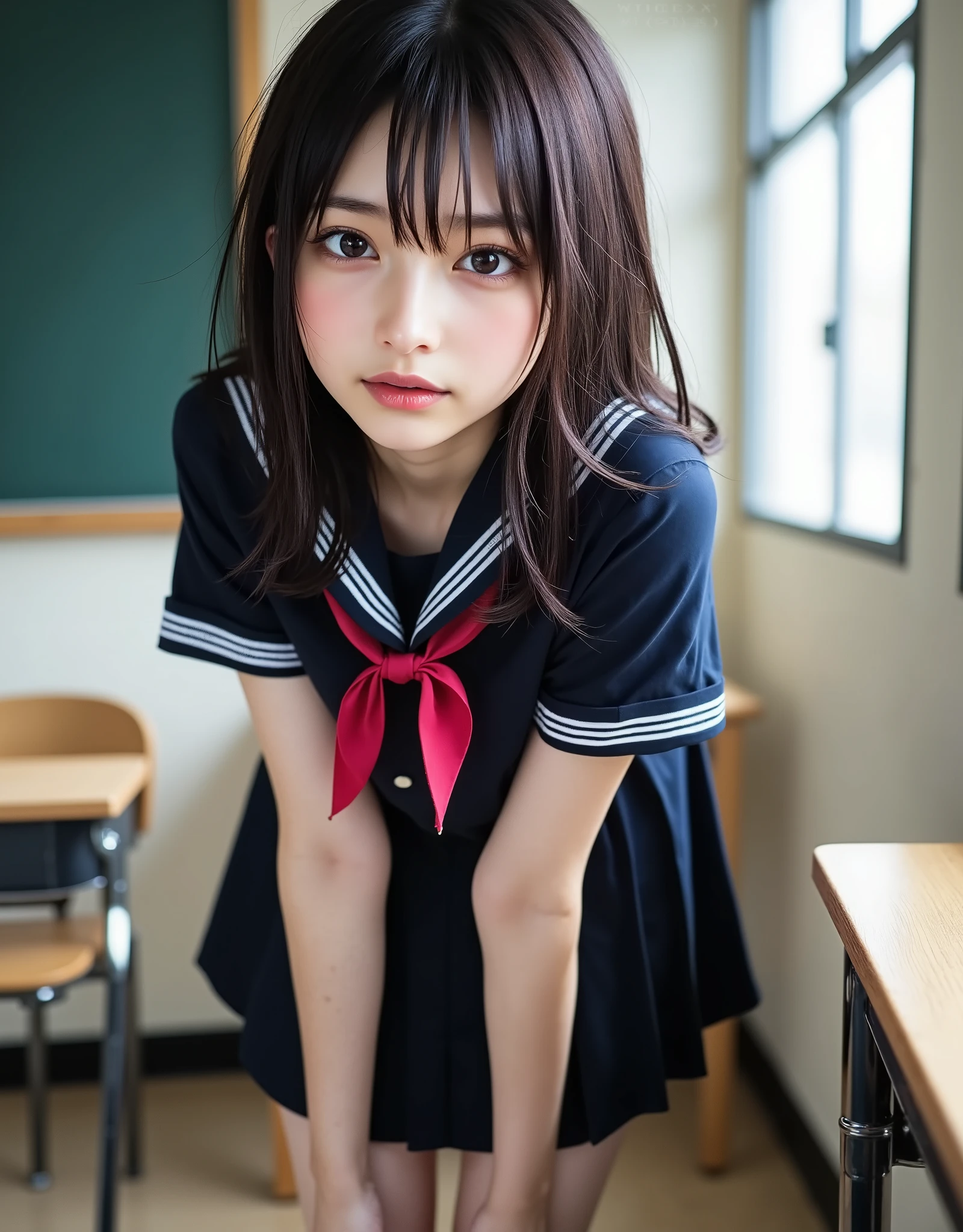 (Canon), (EOS R5), (50mm), ((( Photorealistic:1.5))), (No lens flare :1.5), ((超 high resolution)), (masterpiece), accurate,( realisticな質感の肌), more details, high detail, High Quality , Award-winning work , 最 High Quality , 32K, written depth, digital camera, Award-winning glamour photo , professional lighting, (SFW), ((最 High Quality :1.5)), ((masterpiece:1.5)), (( realistic)), high resolution, realisticな影, Roughness, Real Life,( a very beautiful and cute single Japanese woman), ( The cuteness of Japan's top idol ), ((Upper body shot seen obliquely from the front :1.5)), (( upper body shot from head to knee :1.5)), (( cute 18-year-old Japanese high school girl )), (( high school classroom , desk, chair, blackboard, and window visible )), (((Navy blue short-sleeved sailor suit:1.8))), (((襟と胸当てが紺色で3本の白色ラインがある半袖の紺色夏服セーラー服と dark blue flare skirt を着て椅子に座っている:1.8))), ((Short-sleeved navy blue sailor suit with dark blue collar and breastplate :1.8)), (( no front buttons on a sailor suit :1.8)), (( The chest of the sailor suit is dark blue and has 3 white lines :1.5)), (( dark blue flare skirt :1.5)), ((red scarf for sailor suit:1.8)), ((Navy blue scarf closure :1.5)), (( no accessories:1.5)), (( No Earrings :1.5)), ((Without necklace:1.5)), ((Women's watch on her left arm )), (( a very cute high school girl who feels young )), Attractive cuteness , seductive pose , Height: 160cm, slim figure, Beautifully shaped bust, D Cup, ((少し歯が見える very cute smile:1.5)), (Alone:1.5), (There is only one person in the classroom), ( brown eyes:1.9), ( Detailed depiction of extremely realistic skin ), (Highly detailed, realistic eyes:1.9), (Very beautiful, long, realistic eyelashes), (Highly detailed, realistic eyebrows), (丸い brown eyes :1.8), ( beautiful catchlight on the eyes), (Realistic lips with moisture ), ( white realistic teeth arranged neatly), ( Beautiful and Detailed Face :1.6), ( hourglass figure :1.6), (Wasp waist :1.5), ( Perfectly round and beautifully shaped bust :1.8), ( clearly contoured cheekbones :1.5), ( perfectly styled body :1.8), (Healthy body :1.8), (Narrow shoulders:1.9), ( staring at viewers), ( seductive gaze ), (Beautiful, natural-looking hands), ( beautiful pink nails with a beautiful length ), ( show your hands as little as possible ), ( very cute smile:1.1), ( her stomach and navel may be slightly visible:1.4), ( dark hair medium hair :1.3), ( beautiful black hair), ( with bangs), Natural atmosphere, Very cute type, Beautiful Thighs, (( evening classroom )), (( with a pencil case and notebook on her desk :1.4)), (( show your hands as little as possible )), ((I can't show my feet)), blur background, Illuminate the face, Dynamic Poses , beautiful body line , Beautiful, realistic skin , Art Photography, beautiful soft lighting , accurate手の形, accurate指の形, accurate指の数,5 fingers on one hand ,((No watermark, No signature))