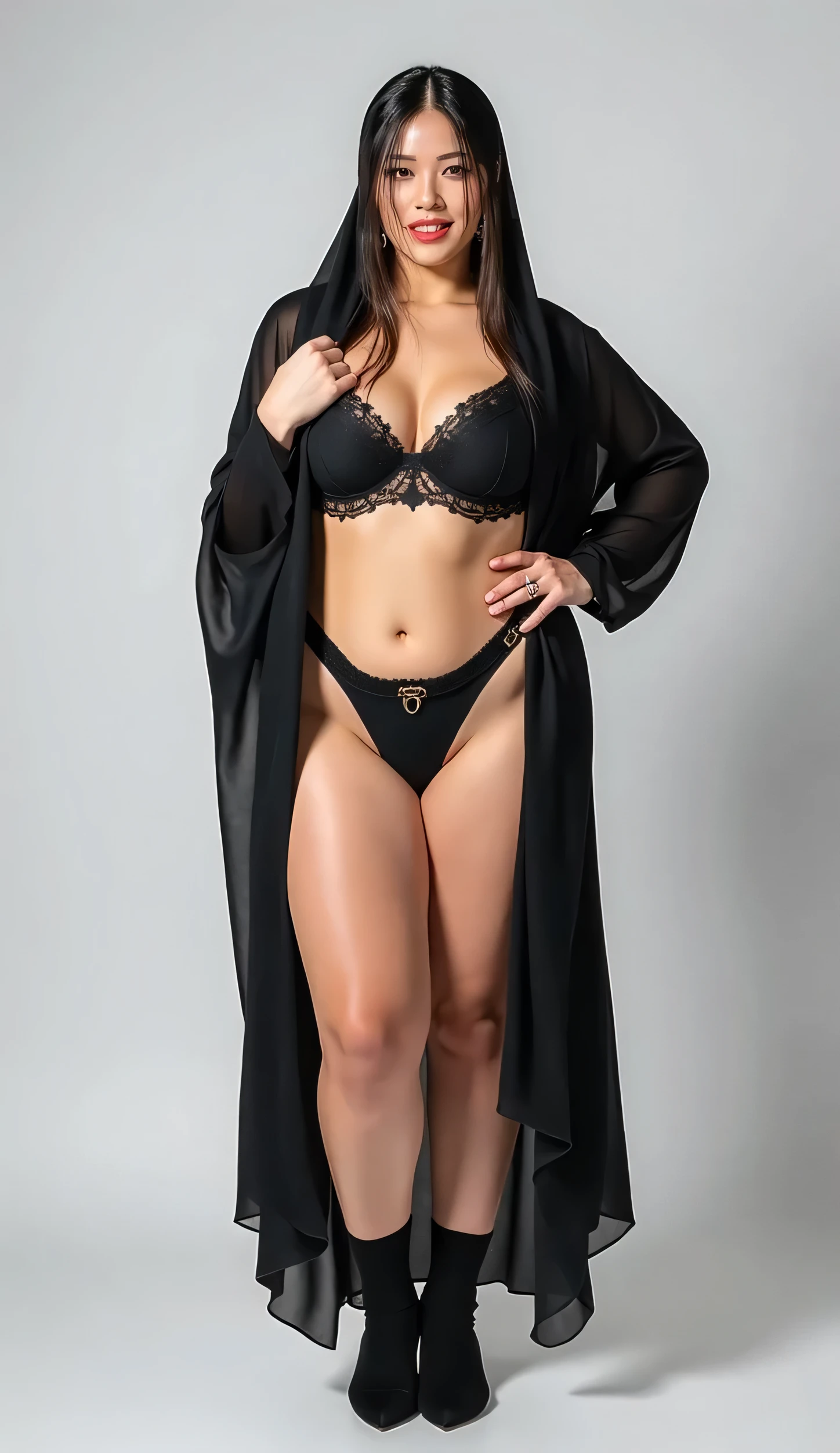 a beautiful detailed hijab portrait, voluptuous european babe, cheeky, naive face, buxom body shape, chunky beefy chest, body, legs, feet, mini lace bra, wrap in tied satin cloth, minimalistic one-piece bikini, fancy socks, full-length portrait shot, best quality, 4k, 8k, masterpiece, ultra-detailed, intricate details, cinematic lighting, dramatic shadows, vibrant colors. Standing straight, facing forward, beauty posing, her hand at hips and another hand flip her hijab up, Solid white space backdrop, HD, Seductive Smile,