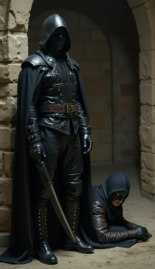 One stepping on a boy&#39;s penis , wearing black gothic boots.
