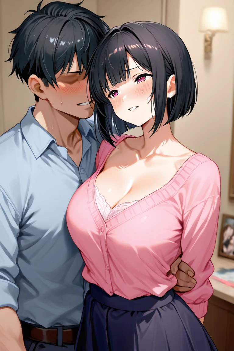 A man is hugging a woman from behind and groping her breasts:1.6、1 female、Women have brown hair:1.3. Wavy Hair:1.5. Bobcut:1.3 Sweep your bangs to the side:1.3. Round Eyes:1.3. Wearing a pink massage outfit:1.6 Sweat:1.3 Surprise:1.3,Close up on a woman&#39;s chest:1.9、Angle view from below:1.3,NSFW、break,,Japanese-style inn guest rooms:1.3. Night:1.3