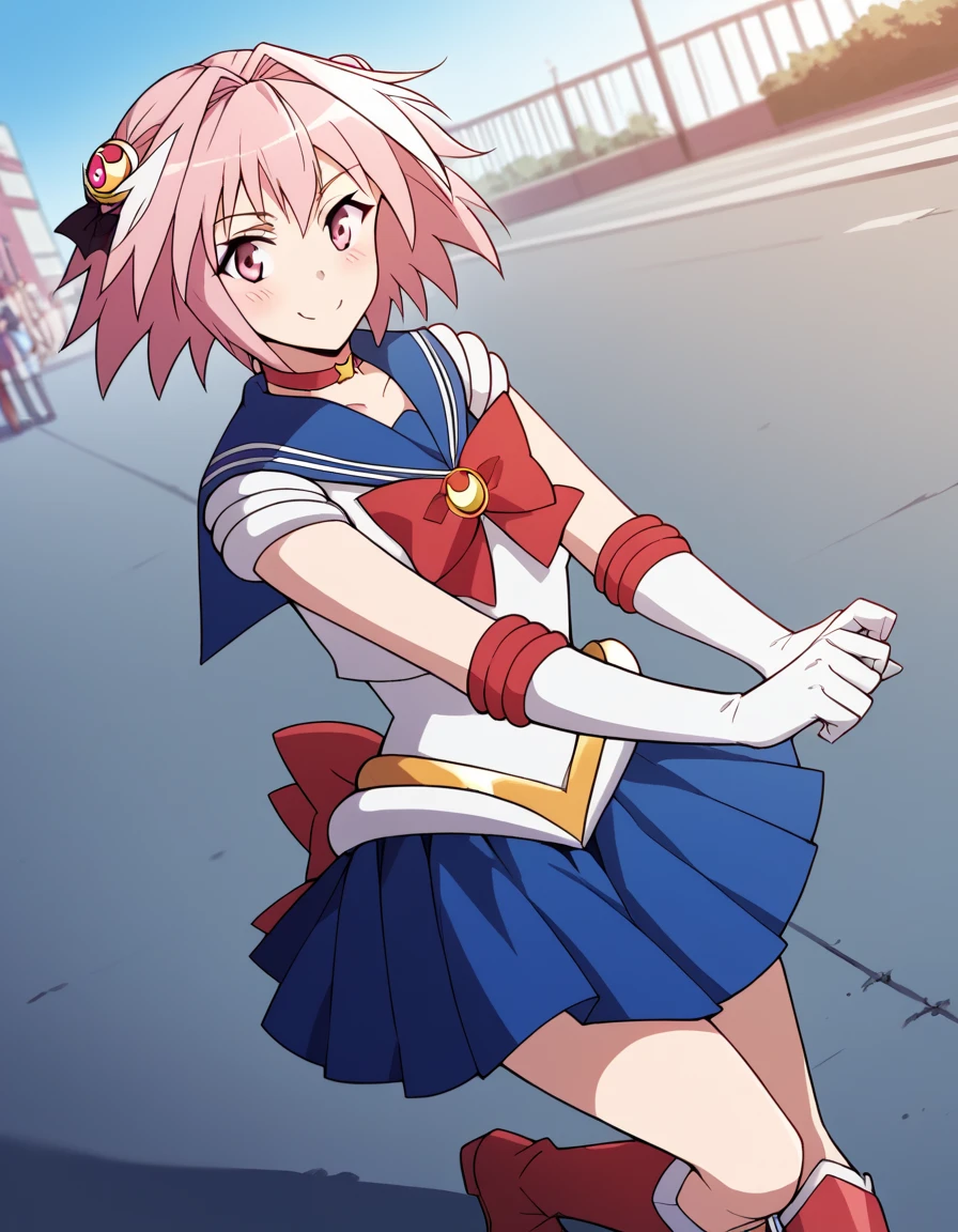 obra maestra, Mejor calidad, absurdos, perfect anatomy, 1 chica, Solo, SMMoon, 1990s \(Estilo\), Sailor Chibi Luna Cabello Rosa, pupilas rosadas ojos, subir las escaleras, de cerca, Sonrisa, tiro de vaquero, Uniforme Sailor Senshi Rosa, Collar marinero rosa, falda plisada rosa, guantes de codo, en postura de espalda, Show off your loot, backward, No hay tanga en un gran trasero, cuerpo completo, aausagi, de cerca booty (falda levantada por el viento, Exponiendo su) (cara de alto detalle)
