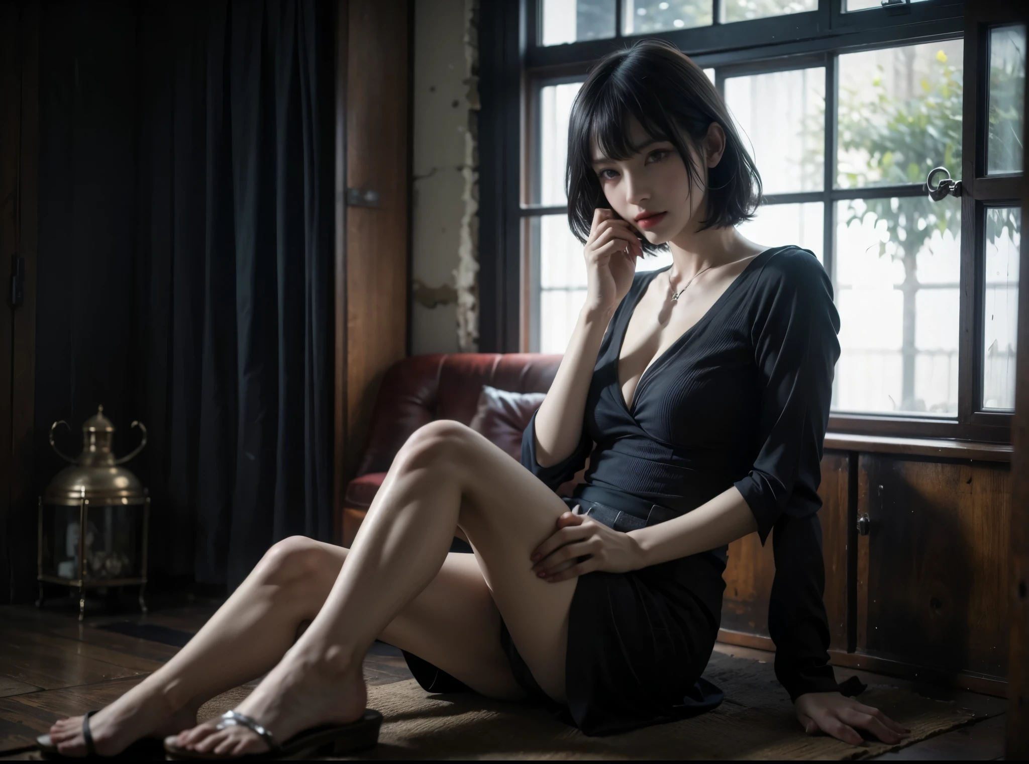 (Best quality, 8k, 32k, Masterpiece, UHD:1.2) "Generate a captivating artwork featuring a young Japanese girl model with short, sleek black hair styled in a chic bob haircut. Envision her bathed in dramatic cinematic lighting, creating an atmosphere of allure and mystery. Emphasize a romantic aesthetic vibe, showcasing the model in a poised and elegant pose that evokes a sense of intimacy and sophistication. Utilize warm and soft tones to enhance the romantic ambiance, and consider incorporating elements like flowing fabrics or flowers to add a touch of ethereal beauty. Capture the essence of romance and beauty through the model's expression, the play of light and shadows, and the overall aesthetic, creating a visually compelling and emotionally resonant piece." (perfect eyes), flawless skin, flawless face, cinematic, tight body, ((well-proportion female hands)), ((female hands with five digits))