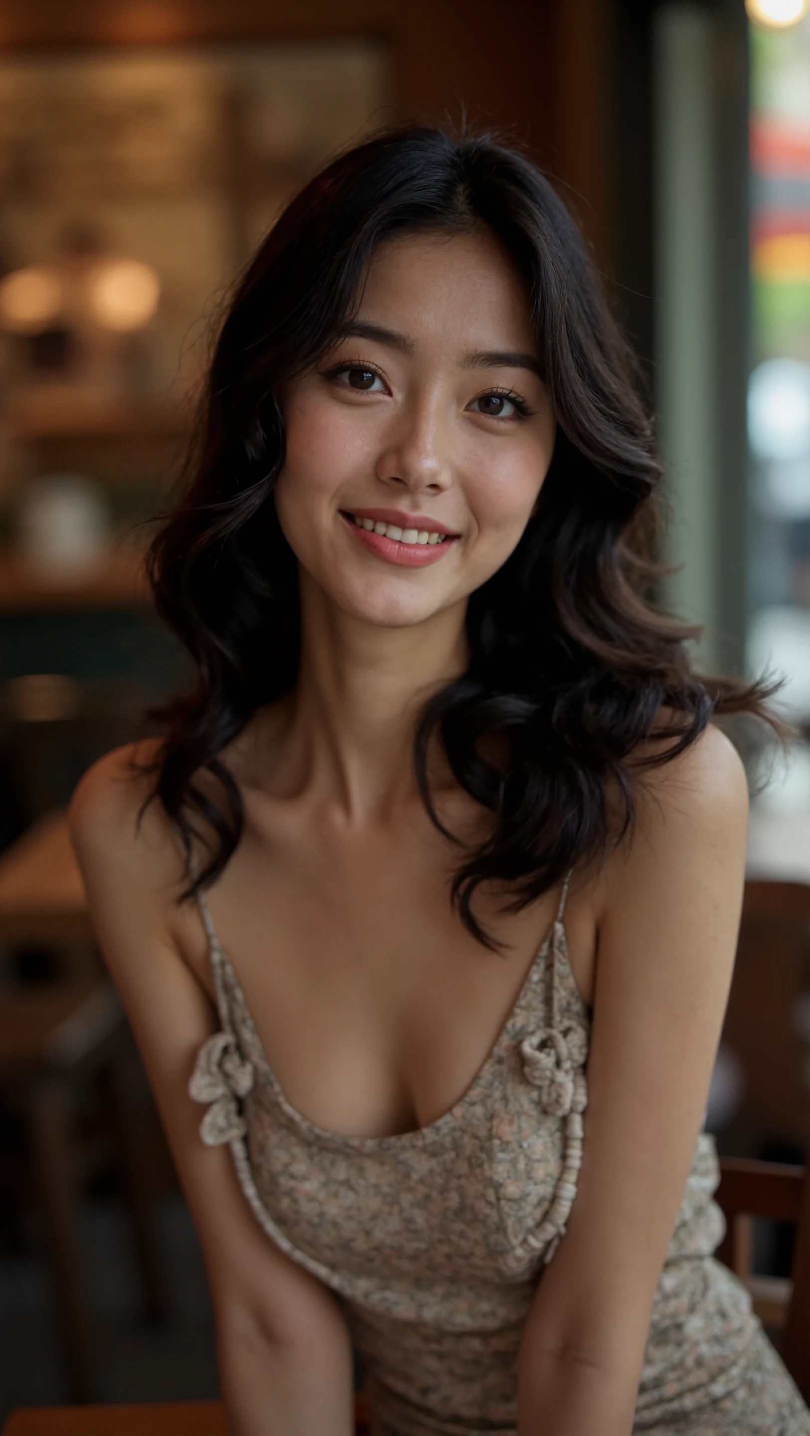 This is a beautiful photo of a woman, black hair flowing down her shoulders . She is wearing a boatneck dress , standing in a cafe. staring at viewer . smile .