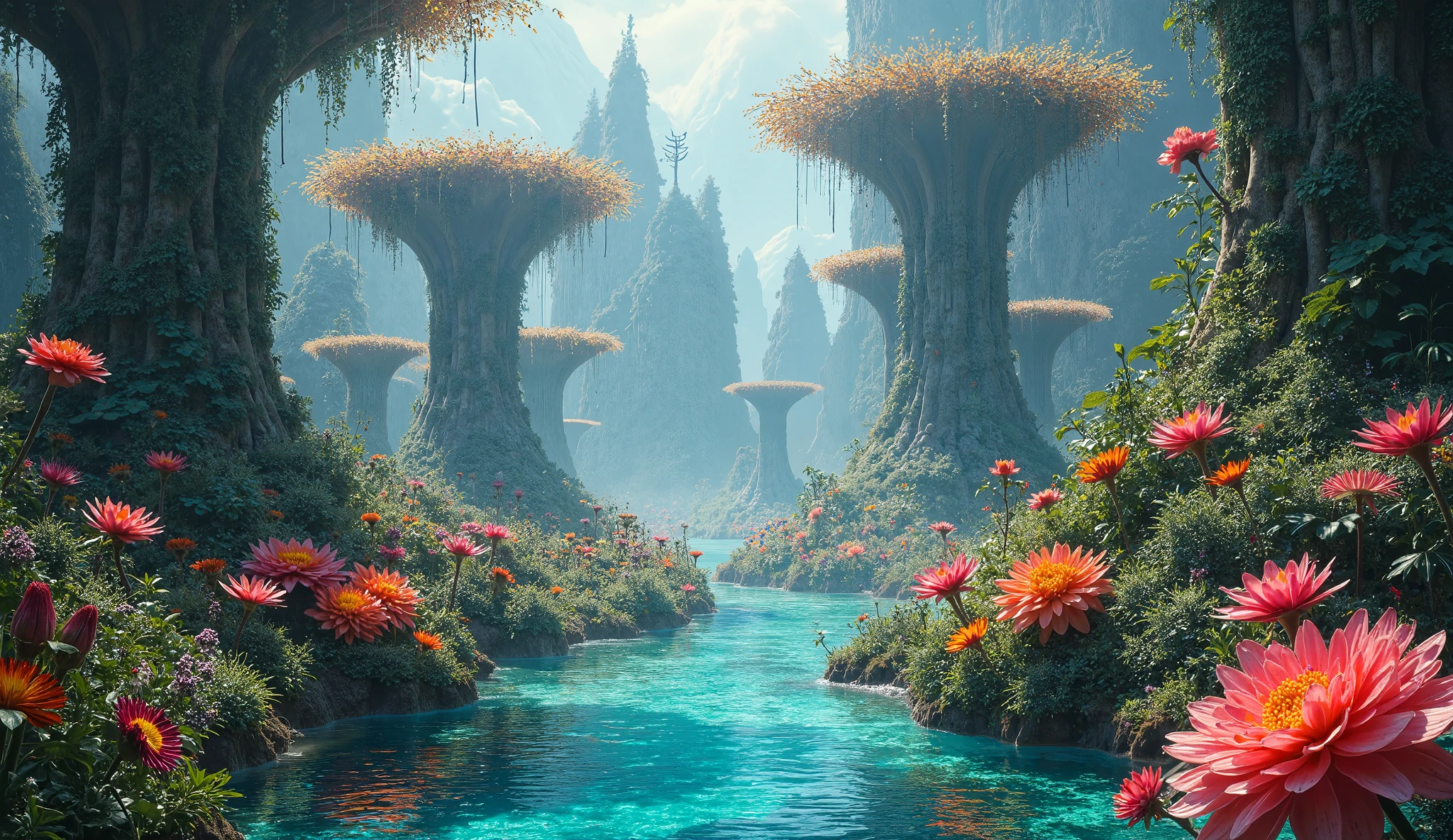 (Best quality, Master of Peace: 1.3), (hyper-detailed, hyper-realistic color: 1.5), A cosmic garden of exotic flora and alien fauna. At night the landscape is illuminated by bioluminescence, perfect composition, Best exposure, ( golden ratio: 1.2), 8K, HDR, dramatic, cinematic lighting, trending on Artstation, trending in CG society, professional oil painting, immense detail, painted like a professional painter, ((epic and dramatic alien jungle landscape scene: 1.5 )),((Imaginative scene)),((perfect, meticulously detailed: 1.4)), ((full shot: 1.4), ((Best quality)), (( Masterpiece)), 3D, (Hyper-detailed: 1.3 ), ((Epic Landscape: 1.3)), (Photorealistic: 1.4), ((Front camera from below, long shot)), ((Low-light night movie). lighting. bioluminescent: 1.3)) .32k