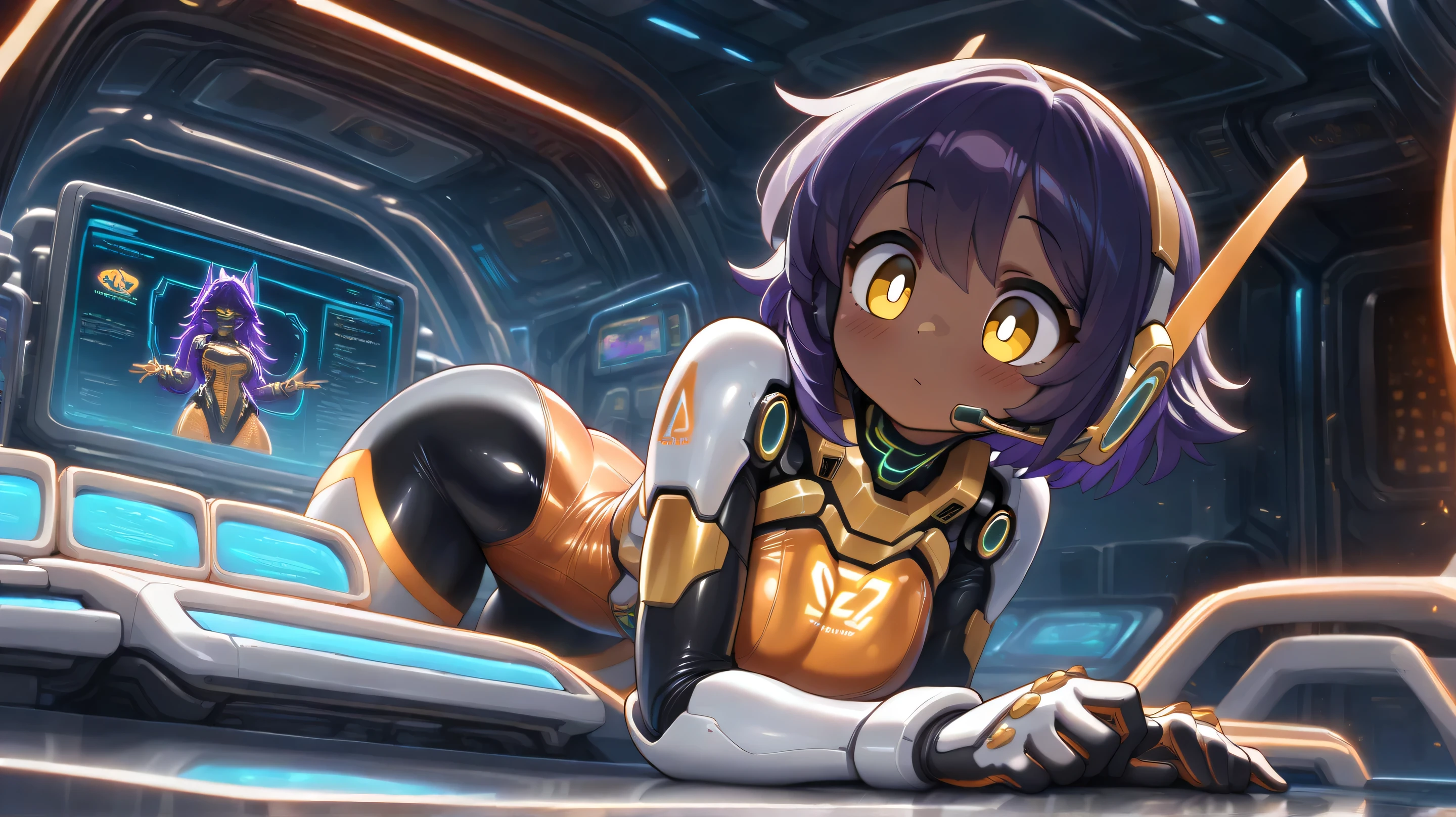 A beautiful girl with dark skin, short purple hair, yellow eyes, wearing a cybernetic (white, orange and black) leotard, with a headset, in a futuristic cyberspace background, (best quality,4k,8k,highres,masterpiece:1.2),ultra-detailed,intricate details, cinematic lighting, vivid colors, digital art, sci-fi, concept art