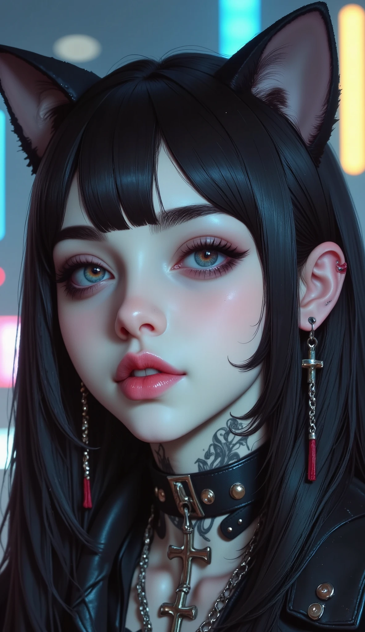Medusa, Vampire, Goth, black fox ears, (deep red eyes), crimson red hair, full tattoos, blank background, big breast, pale skin, full body