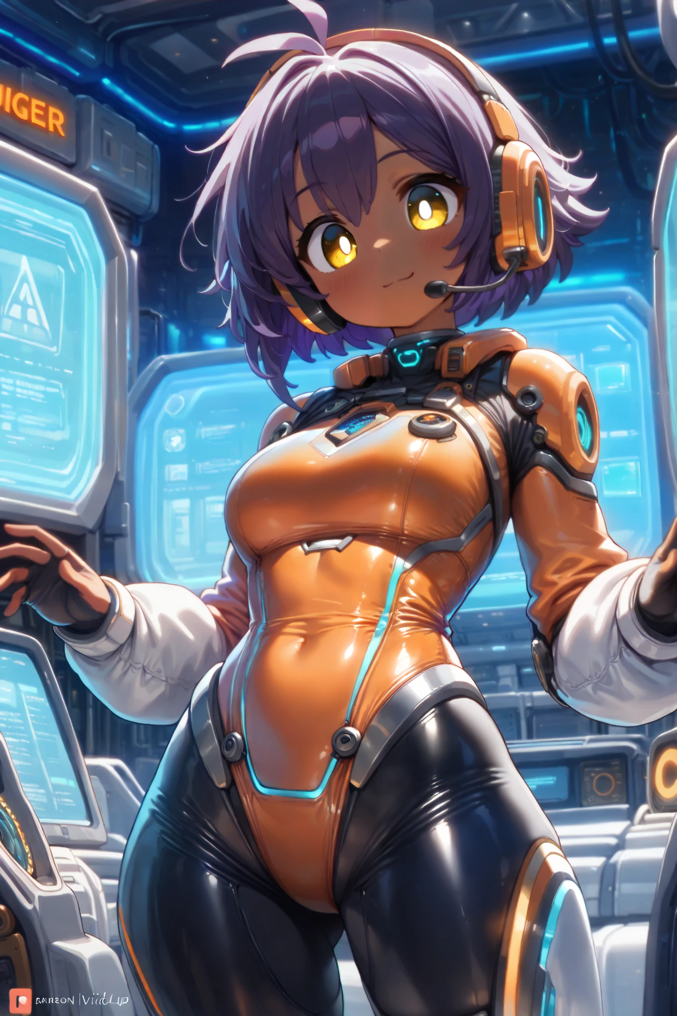 A beautiful girl with dark skin, short purple hair, yellow eyes, wearing a cybernetic (white, orange and black) leotard, with a headset, in a futuristic cyberspace background, (best quality,4k,8k,highres,masterpiece:1.2),ultra-detailed,intricate details, cinematic lighting, vivid colors, digital art, sci-fi, concept art