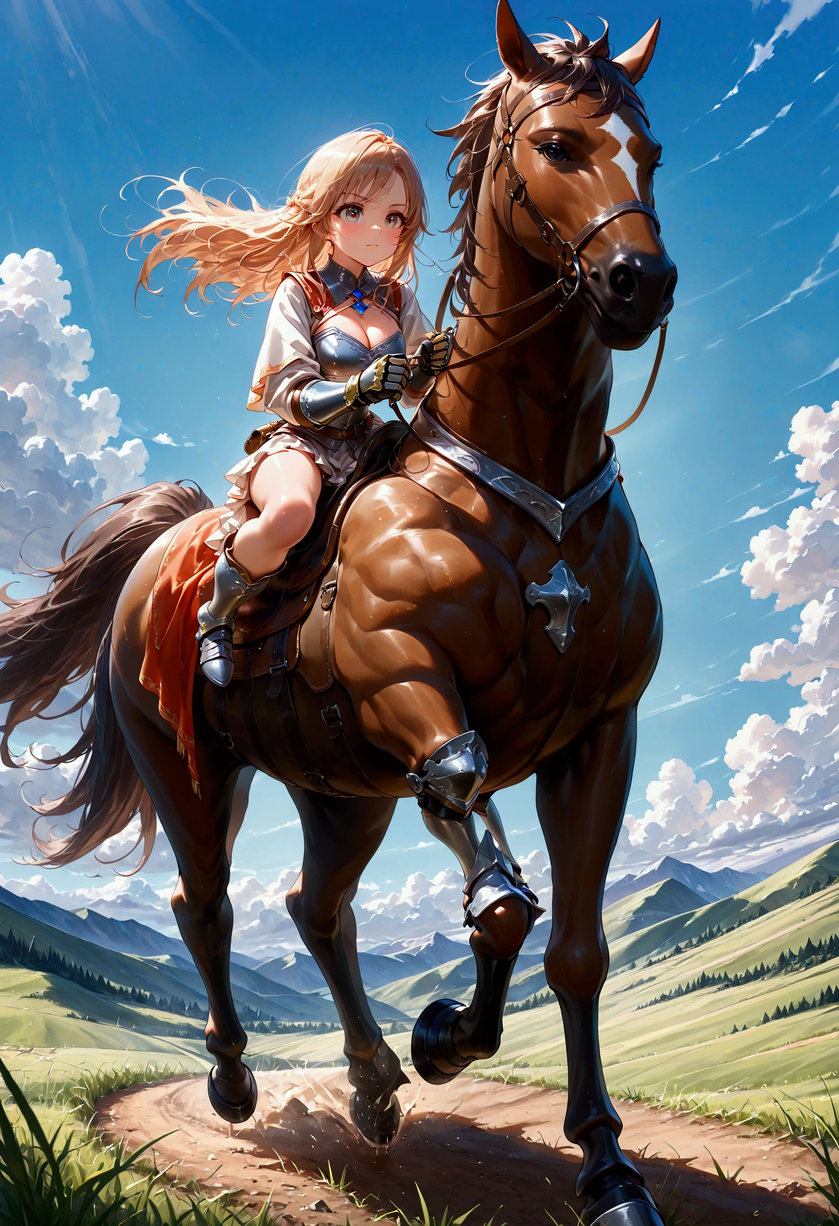 (masterpiece:1.3), (8K, best quality:1.3), Highest image quality, intricate details, high resolution, depth field, Natural light, professional lighting, BREAK, riding, horse, (((a young woman wearing in adventurer clothes watching a blue sky while riding on a HORSE)), ([ cleavage, medium breast]), (dress, miniskirt, breastplate, cleavage, gauntlet, gloves, bare legs, greaves, )), BREAK, ([brown horse, saddle, reins, bridle, running]), solo, (on the grassland, mountainside, fantasy settings:1), both hand holding rein, from side: 1, anatomically correct