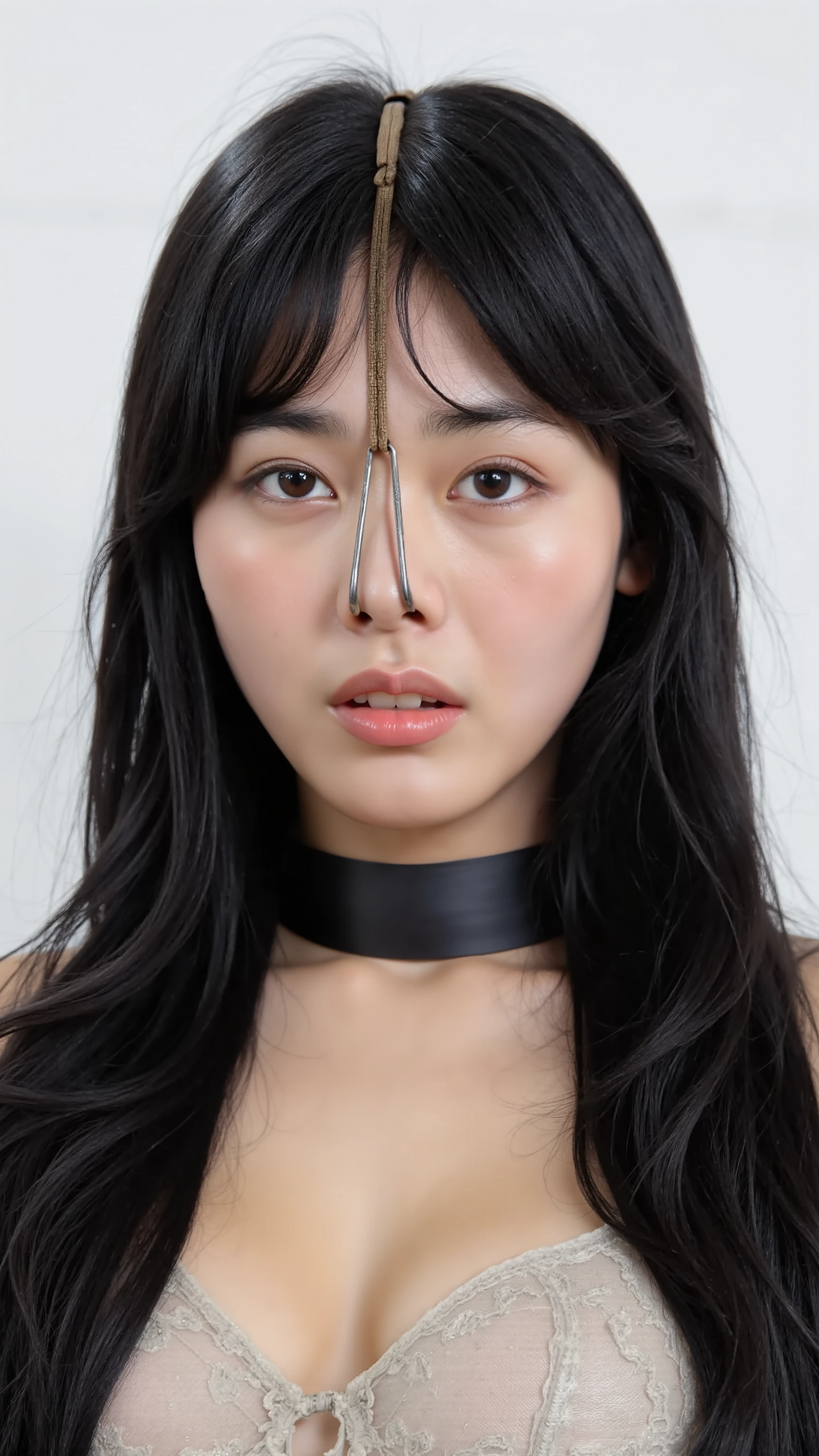 A high resolution photograph of a Japanese mature woman, masterpiece, photo-realistic, sharp focus, portrait, fashion shoot, solo, 1girl, portrait, dress, zettai ryouiki, straight long black hair, forehead, (nose-hook with strap wrapped around head top, metal collar, frowning:1.2), looking at the camera, (face focus, close-up of face, front view, view from below), 