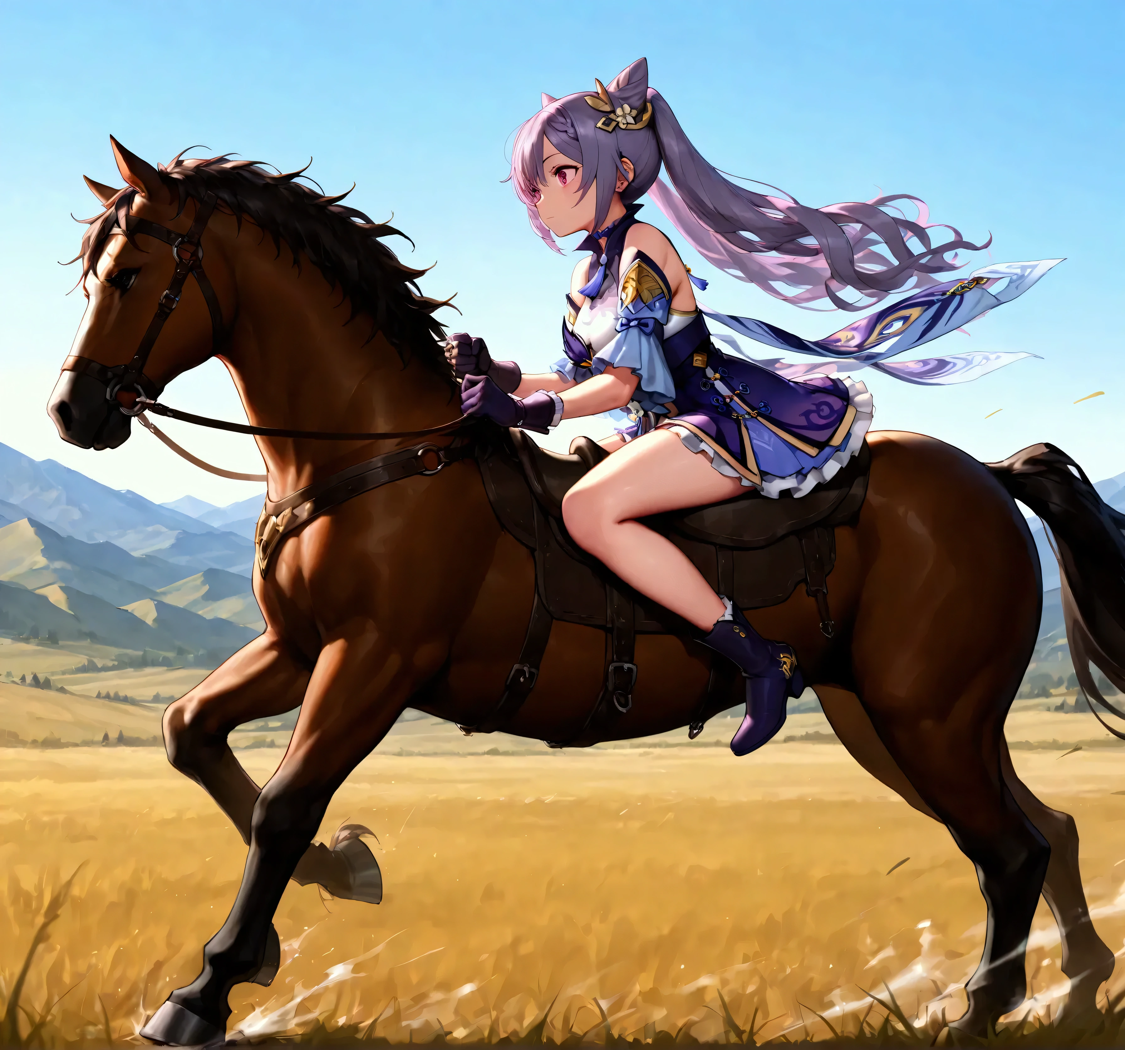 (masterpiece:1.3), (8K, best quality:1.3), Highest image quality, intricate details, high resolution, depth field, Natural light, professional lighting, FULL BODY, BREAK, riding, horse, (((a young woman wearing in adventurer clothes watching a blue sky while riding on a HORSE)), ([keqing, braid, cone hair bun, hair bun, hair ornament, long hair, purple eyes, purple hair,, cleavage, medium breast]), (dress, miniskirt, breastplate, cleavage, gauntlet, gloves, bare legs, greaves, )), BREAK, ([brown horse, saddle, reins, bridle, running]), solo, (on the grassland, mountainside, fantasy settings:1), both hand holding rein, from side: 1, anatomically correct