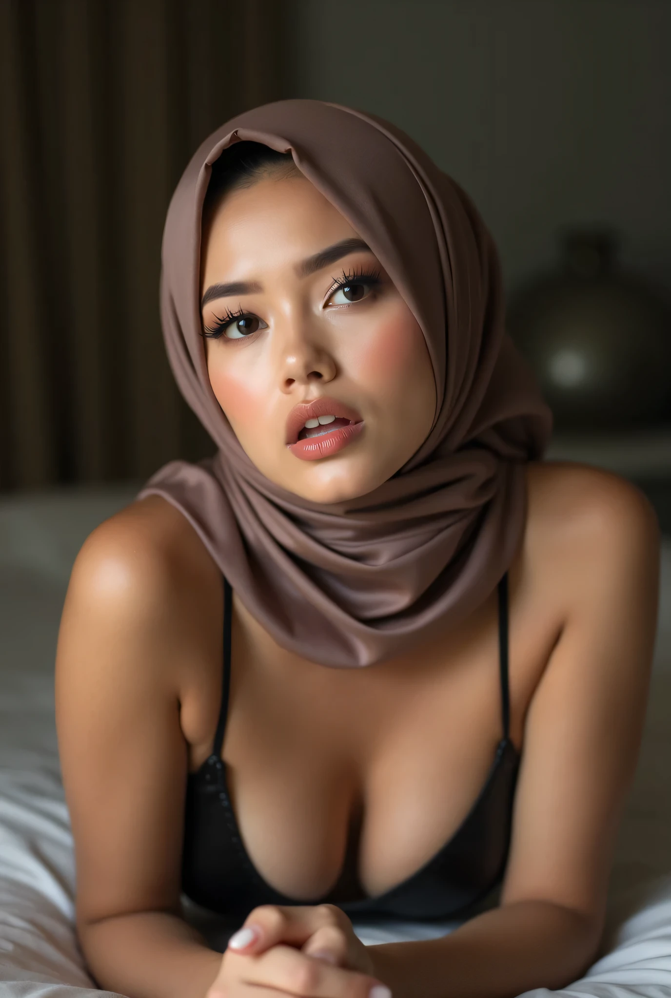 (pashmina HIJAB), ((puffed breasts, hardened nipples)), (dynamic photograph of a 28 year old Indonesian woman), (straight non curly hair), (highly detailed face:1.4), (background inside light, bright, private gym:1.1), (8k, uhd, dslr, high quality, cinematic lighting, bokeh), (dramatic, award winning photography, incredible masterpiece:1.3), (((sexy sultry stare at camera:1.1))), ((she is ready to dominate you:0.5)), ((beautiful feminine face)), add_detail:1, ((nsfw))