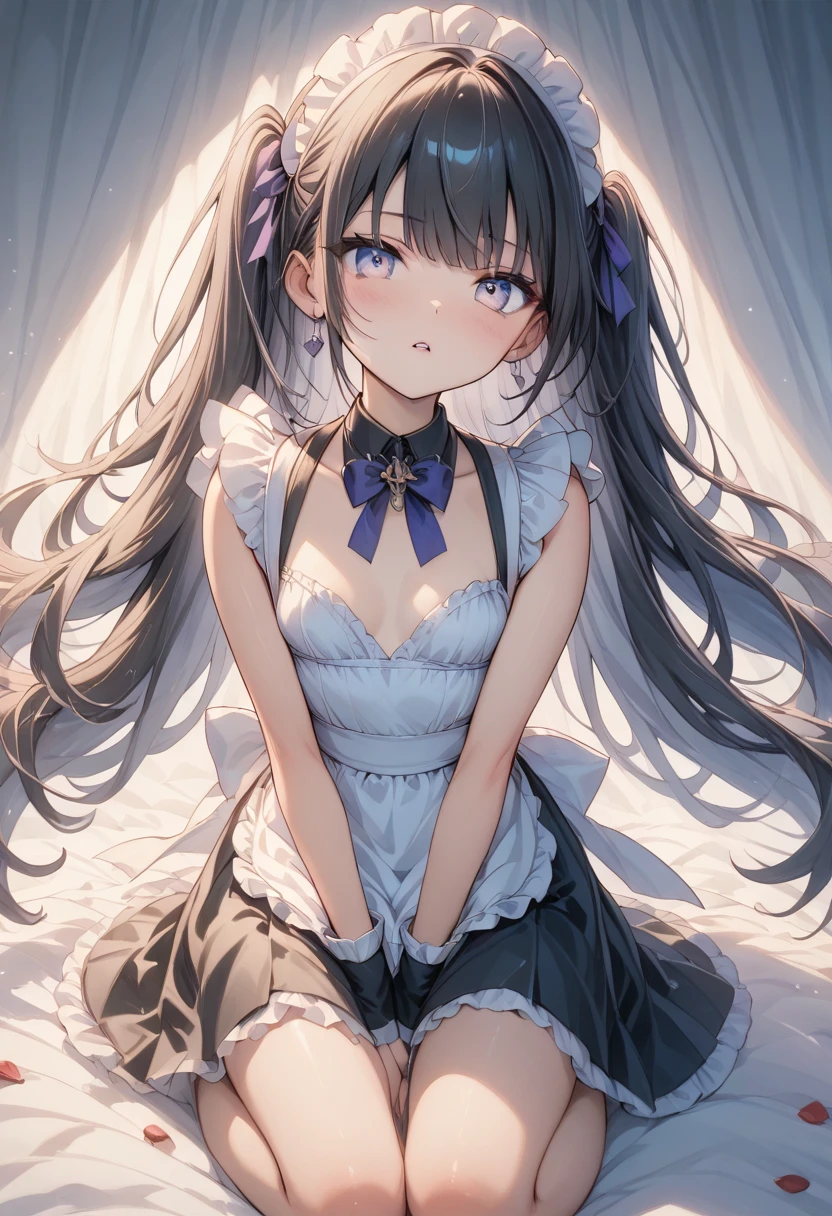 One girl、(True Face:2.0)、(Crouching posture:2.0)、(The whole body is visible:2.0), (Hands Behind Back)、Blushed cheeks,,Slender thighs when viewed from the front,Diagonally below,looking at the camera、(((Big and ample breasts)))、((Perfect Anatomy,Nice hands,Perfect hands,Five fingers connected to the palm,Accurate needles without discomfort)), The clothes are see-through、Frilly clothes、Blindfold、Sukechichi