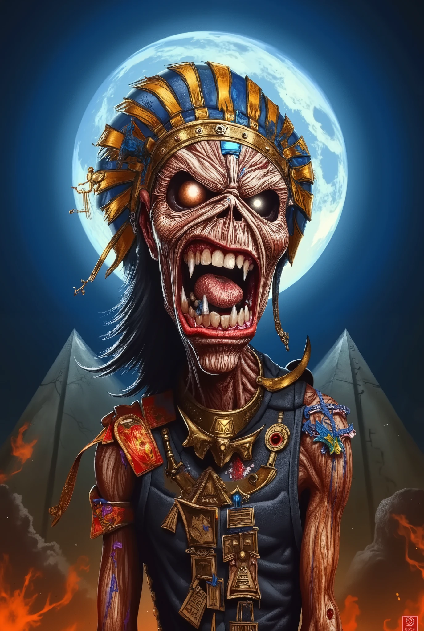 Close-up face , Eddie in dynamic zombie pose ((wearing pharaoh costume )), Pharaoh clothes, raiva, Estilo Iron Maiden, Eddie do Iron Maiden. foto crua de alta qualidade, excellent composition (cinematic lighting, cinematic colors, texto, obra de arte, alto detalhe, melhor qualidade, fotorrealismo, Ultrarrealismo, 8K HDR: 1.2), Egyptian pyramids in background and Full moon. 