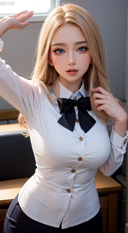 beautiful girl, Blonde, Medium Hair, Shaggy Cut, Short pigtails, Cat ear, fluffy ears, Beautiful red eyes, White blouse, The cleavage is visible through the gaps between the buttons of her blouse., Black mini skirt, Panties with ruffles, Black knee socks,