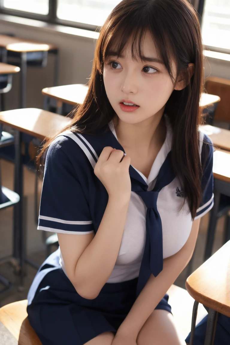 8K, highest quality, real image, intricate details, Super detailed, ultra high resolution, depth field,(realistic,realistic:1.2), (small breasts:1.2), japanese girl, very beautiful 17 year old girl, (beautiful breasts:1.5, highly detailed eyes:1.2), (beautiful breasts:1.1), bangs, perfect skin, Fair skin, tight waist, looking at the viewer, black hair, hair behind the ear, shoulder hair, long hair, no makeup, glaring at, in a high school classroom, During class, (high school sailor suit:1.2), (navy pleated skirt:1.2), sitting on a chair