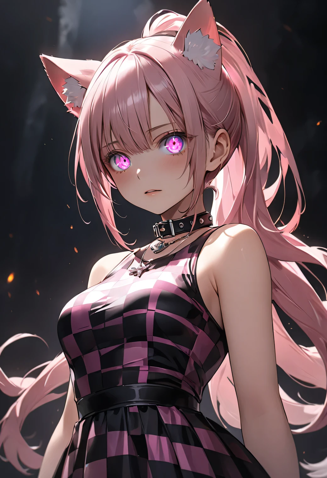 (( best quality )), ((masterpiece)), (detailed), (4k), (8K), 1girl, Animé girl, beautiful, glowing face and skin, medium breasts, make-up, pink hair, long, ponytail , pink cat ears, purple eyes, collar plateado, ((sleeveless black and pink checkered dress)). Black sleeveless top. very intimidating look , glowing eyes, bothers, arms crossed, (( seen from below)), Dark environment. (highly detailed textures), (highly detailed clothes), ( highly detailed cute face ).