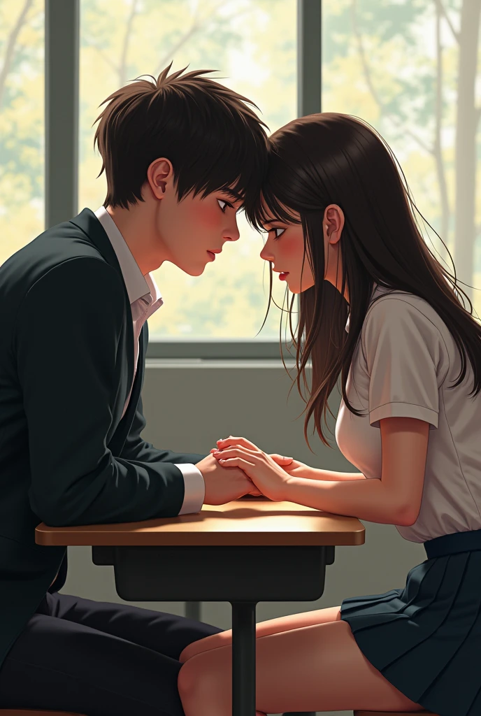 Campus Desk，Girl sitting on the desk with legs spread out，The boy stood between her legs，The boy is stroking the girl's face.