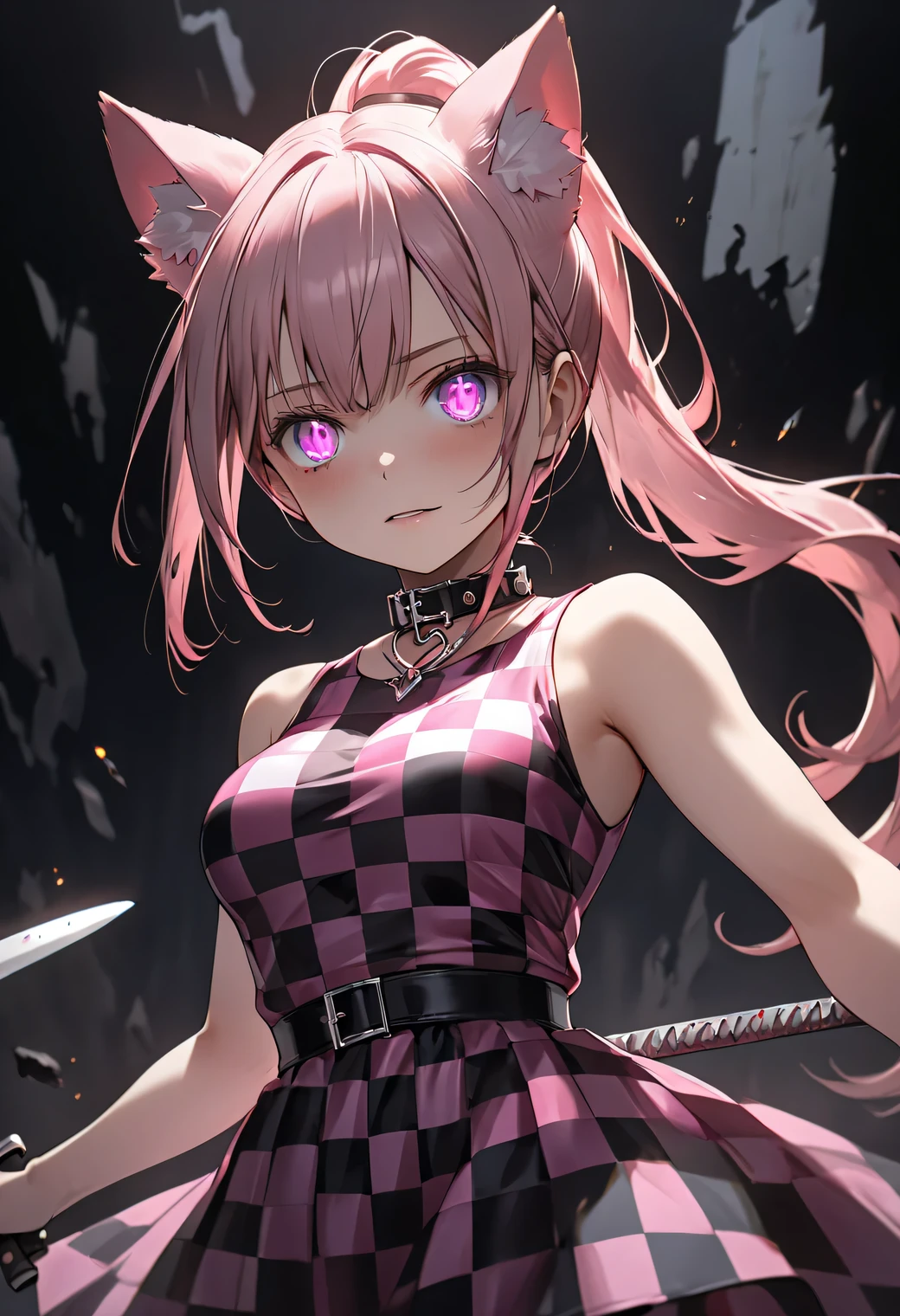 (( best quality )), ((masterpiece)), (detailed), (4k), (8K), 1girl, Animé girl, beautiful, glowing face and skin, medium breasts, make-up, pink hair, long, ponytail , pink cat ears, purple eyes, collar plateado, ((sleeveless black and pink checkered dress)). Black sleeveless top. very intimidating look , glowing eyes, bothers, machete in the hands , (( seen from below)), Dark environment. (highly detailed textures), (highly detailed clothes), ( highly detailed cute face ).