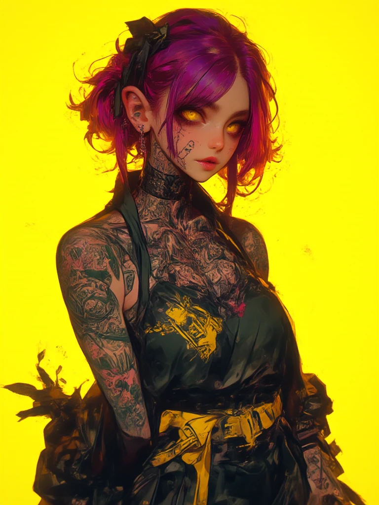 painting of a beautiful ( zombie ) girl with twigs and flowers in her hair. (from below:1.2) . deep cleavage, wearing a open jacket , black-yellow-red color, character, punk woman with runic tattoos. in a fantasy temple. slim, (small breasts), (full body shot, t-shirt, open vest, midriff)