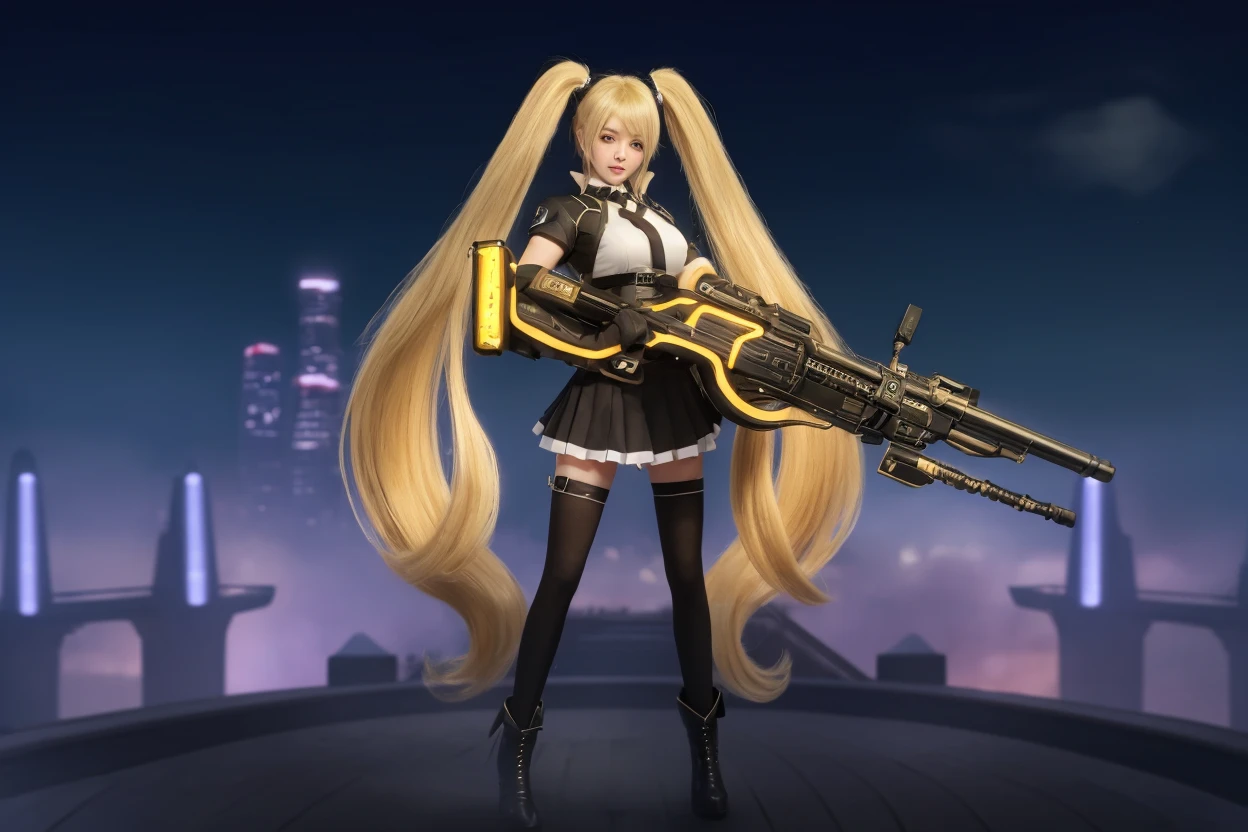 <lora:wzryAKEmizongliying_20230726192124:0.75>,1girl,goggles on head, gloves,white jacket, long hair, thighhighs, belt,thigh strap, knee pads,cropped jacket, mature female, cityscape, night,looking at viewer, yellow skirt,brown leotard,pouch, thigh boots, white pink hair,