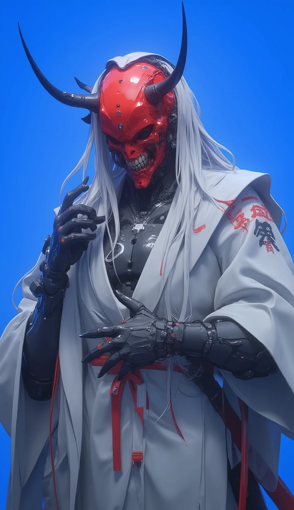 3D zbrush render, high contrast portrait, Japanese Oni ghost, gray white robe, red Oni mask, with cyberpunk futuristic style, long white hair, relaxed pose, front view shot, full body. Photography, portrait of contrast, profile silhouette, vibrant hot blue backdrop, visualize using a camera setup that mimics a large aperture, silhouette's edge, while a low ISO maintains the richness of color without grain, photorealistic