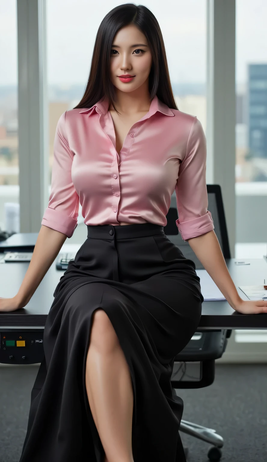 an office lady, sitting in the office , front facing body and legs, using a sleeveless formal shirt in pink satin material unbuttoned, using a black bra , using a maxi skirt in satin material long to the toe in black, Ideal body shape , very large breasts, very slim waist , red lips