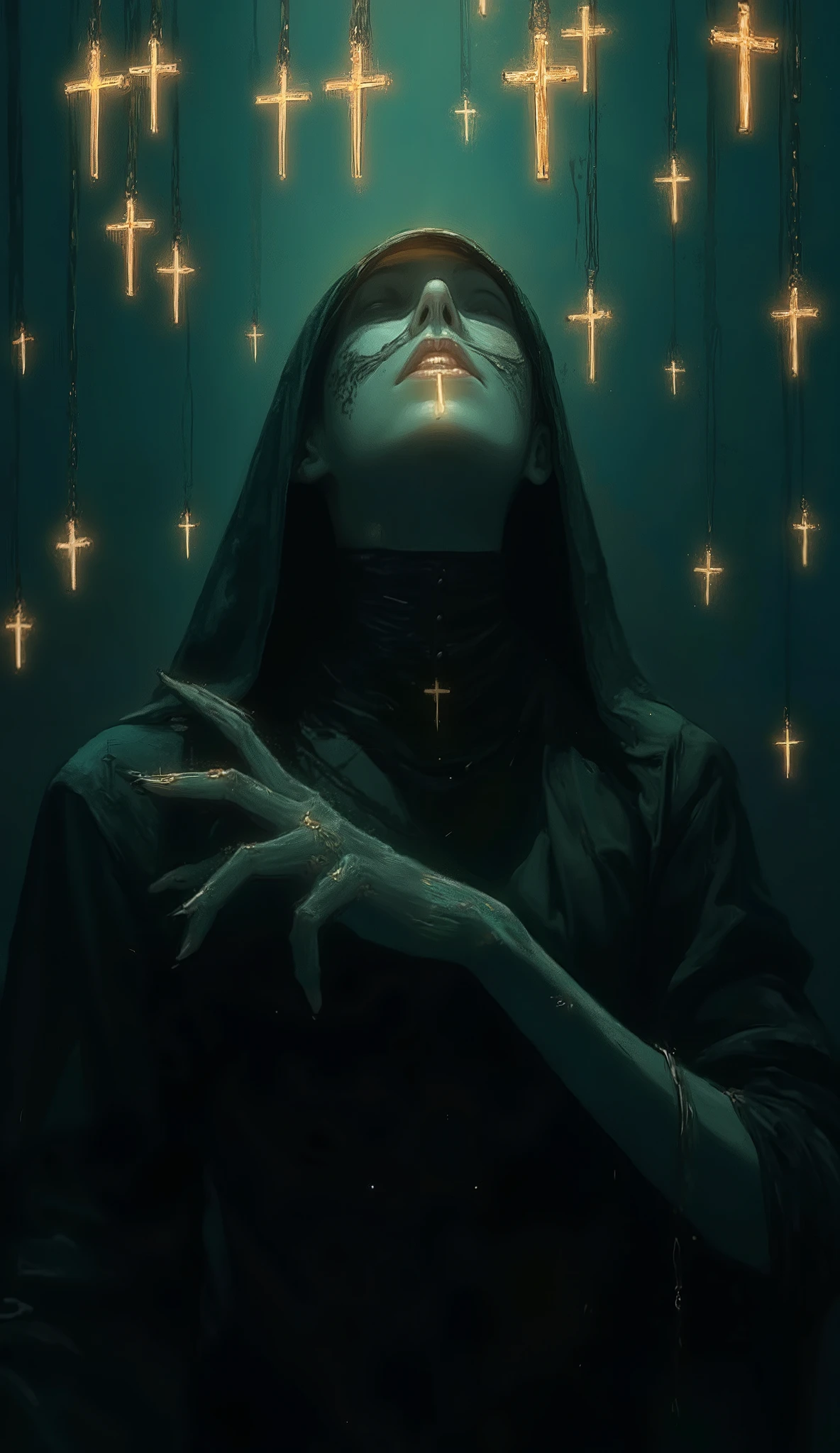 [Hooded figure, standing amidst a shower of glowing golden crosses, feeling serene yet melancholic], [Digital painting, semi-realistic with anime influences], [Inspired by the style of  Yoshitaka Amano], [Dark teal-green background,  glowing golden crosses rendered with soft edges and subtle light bloom effect,  dark muted greens and blacks for the figure,  soft light emanating from the crosses,  slightly textured fabric on the cloak,  focus on the figure, shallow depth of field]