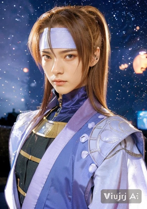 Hair with blue eyes, a purple aoiri with stars and a moon, a blue katana from the anime of Kimetsu no Yadai.