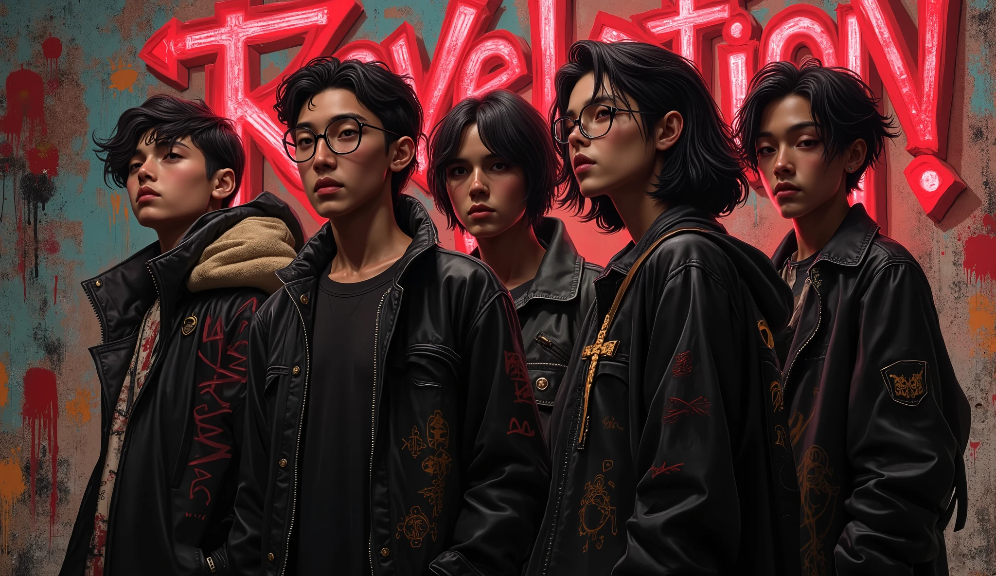 (( RAW photo), absurdo, ( absurd resolution)), masterpiece, envelopes , ( Extremely detailed 8k unit CG wallpaper), ( best illustration), ( Best Tone ), realistic lighting , detailed and beautiful glitter, (( 20 years)), black hair, black jacket , with a cross , 4 young people in a rock band , playing at a calle, black glasses, rock , behind there is a grafiti sign that says "Revelation"