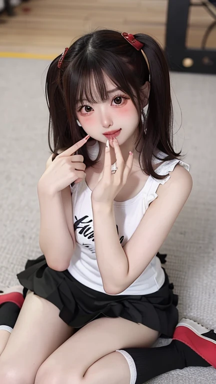 1girl, (sticking out her tongue out), (tongue), ultra high res, photorealistic, best quality, 8k resolution, masterpiece, cat ears, choker, garter belt, garter straps, latex, competitive swimsuit, tank top, close up face view, (ahegao), kneeling, oh face, Open your mouth wide, Stick out your tongue to receive, One hand in your mouth, Ecstasy, (White sperm on your face), Face up, Shoot from above, (White sperm dripping from your mouth), Tongue sticking out, (White sperm accumulation on the tongue), ecstatic look, a large amount of white sperm in the mouth, holding a very thick brown sausage in your hand, Sucking very thick brown sausage, cheeking very thick brown sausage, a large amount of white sperm from the tip of a very thick brown frankfurter, white sperm on the chest, delicate fingertips, complicated fingertips, sucking a thick brown mountain jaw to the back of the throat white sperm leaking from the gap, water discharge from the crotch, a large amount of sperm all over the body, a large amount of vaginal shot, nsfw, eyes roll back, eyes up, megumin