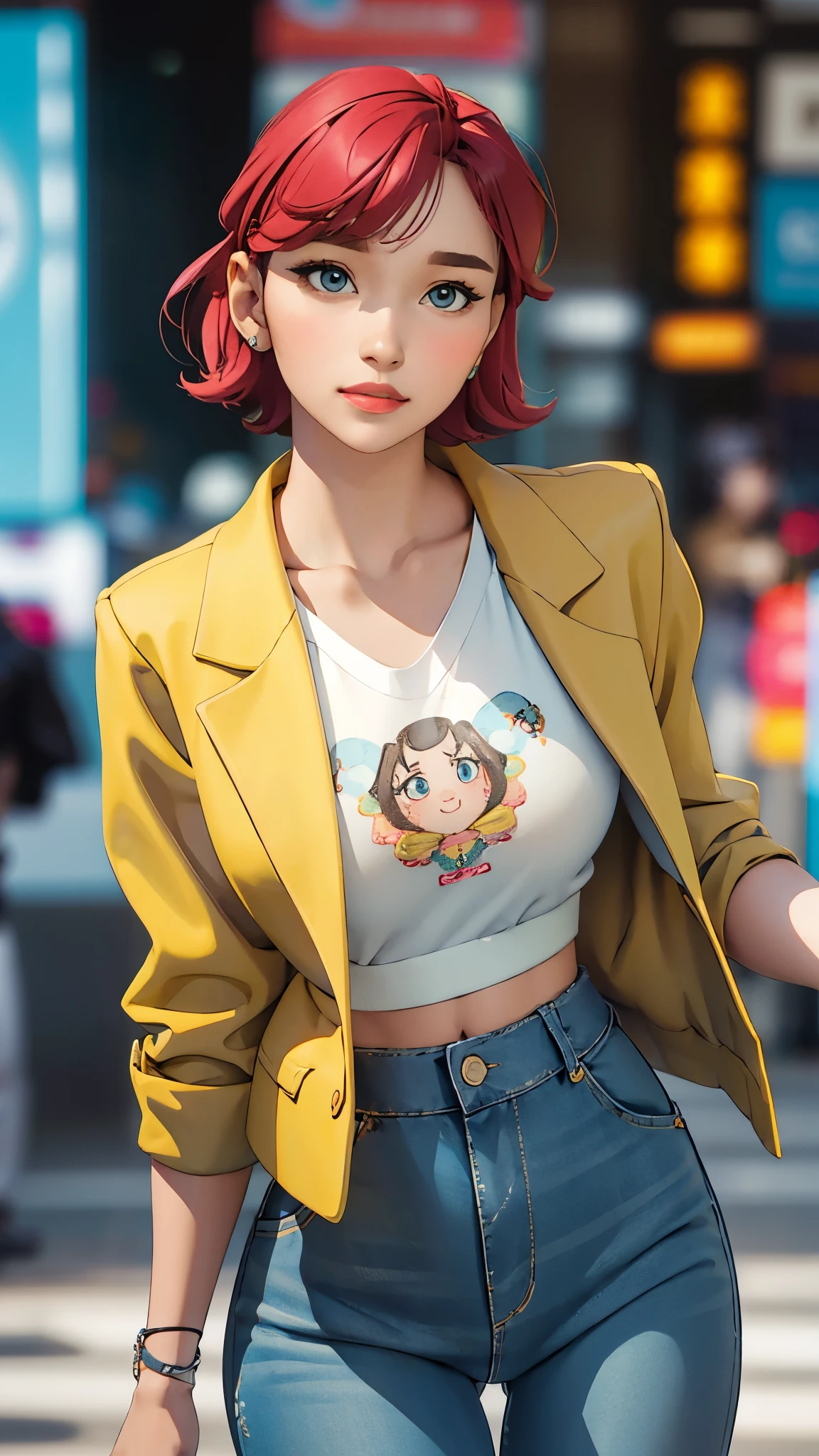 (masterpiece, best quality), beautiful woman, cute printed cropped shirt, jacket, jeans, short wavy hair, headband, asymmetrical bangs, perfect face, beautiful face, alluring, big gorgeous eyes, soft smile, perfect slim fit body, city streets, seoul, bright colors