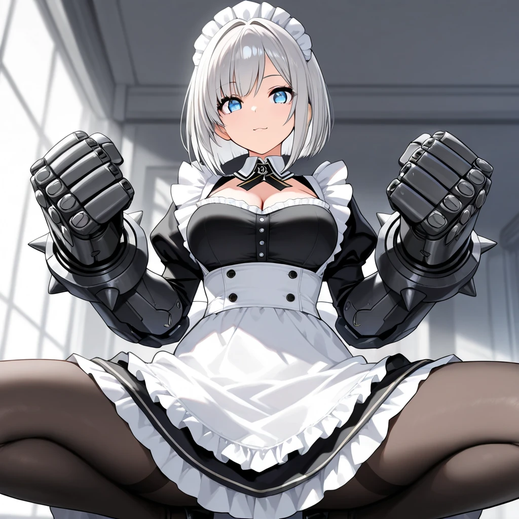 (masterpiece:1.3, highest quality,  highres), 1girl , giant mechanical fist\metal spike , (beautiful eyes:1.3, Top quality eyes:1.2, Detailed eyes:1.2), (short bob, silver hair:1.3, beautiful hair),  Victoria maid outfit, skirt fluttering:0.8, legs spread, dynamic pose:1.3, unbelievably beautiful clothing shading, drawing the details of clothing