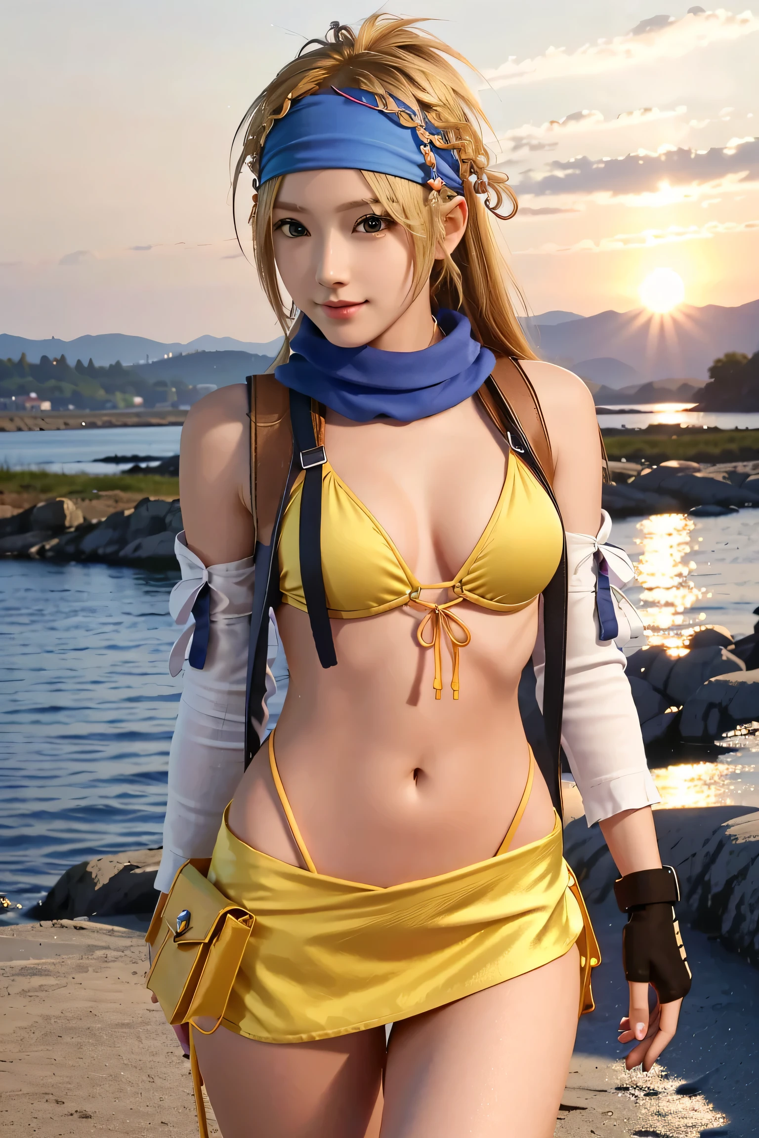 (masterpiece, highest quality:1.3)
backpack FF10, 1 Girl, alone, long hair, chest, skirt, blonde hair, hair ornaments, gloves, belly button, green eyes, swimsuit, Braid, Bikini, removed sleeve, null, Day, cloud, miniskirt , fingerless gloves, scarf, head band, bird, Bikini top only, @_@, yellow Bikini, blue head band,super high quality,super high quality,masterpiece,digital single lens reflex, realistic ,Detailed details,vivid details,depicted in detail,detailed face,Detailed details,Super detailed, realistic skin texture,based on anatomical basis,perfect anatomy,anatomically correct hand,anatomically correct fingers,Complex 3D rendering,sexy pose,beautiful yellow tulip field,Final Fantasy Worldview,Fantastic sunset,Fantastic evening Day,beauty like a painting,smile,bewitching beauty,phantom river,