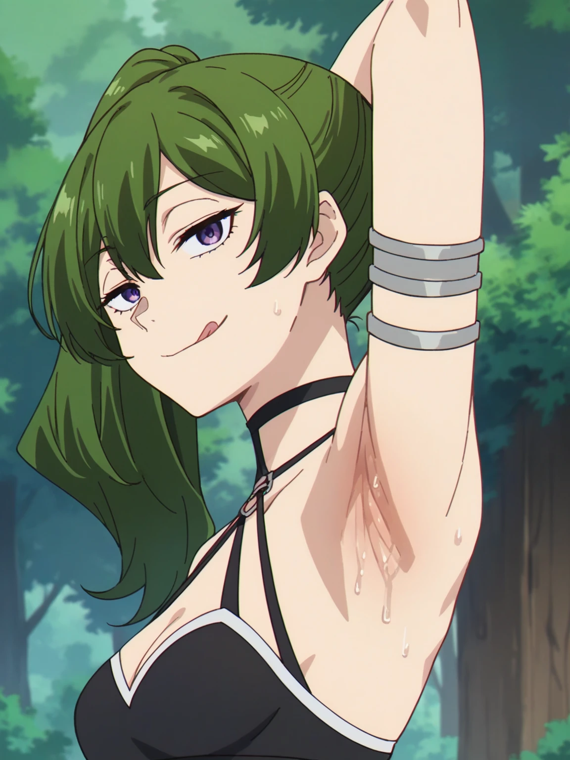 1girl, ubel, solo, green hair, side ponytail, purple eyes, half-closed eyes, BREAK
halterneck, black choker, BREAK
close-up, closed mouth, wet hair, holding own hair, sweat, looking at viewer, BREAK
dark, cave, BREAK
score_9, score_8_up, score_7_up, score_6_up, score_5_up, anime, (high quality, detailed, beautiful), shiny, detailed beautiful eyes, outstanding, countershading, detailed soft lighting, naked, nude, inverted nipples, pussy, peeing,