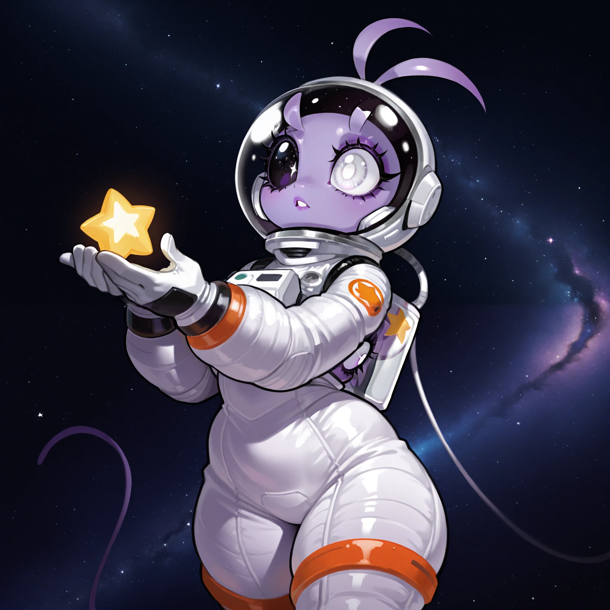 Alien, one white eye, one black eye. Thick lashes. One Antenna, purple skin, curvy, spacesuit, space helmet, stars, cute, solo, holding star