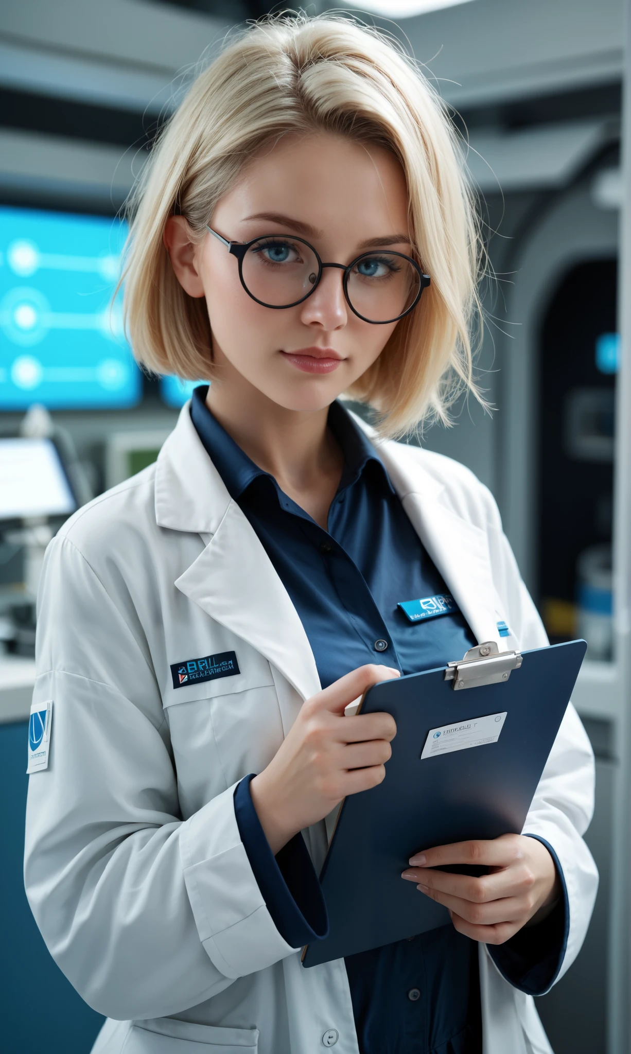 Futuristic girl, short haired blonde wearing round black glasses , bright blue eyes , white skin , wearing a futuristic scientist outfit she is looking at the viewer, she is holding a clipboard , extremely detailed image 4k realistic style