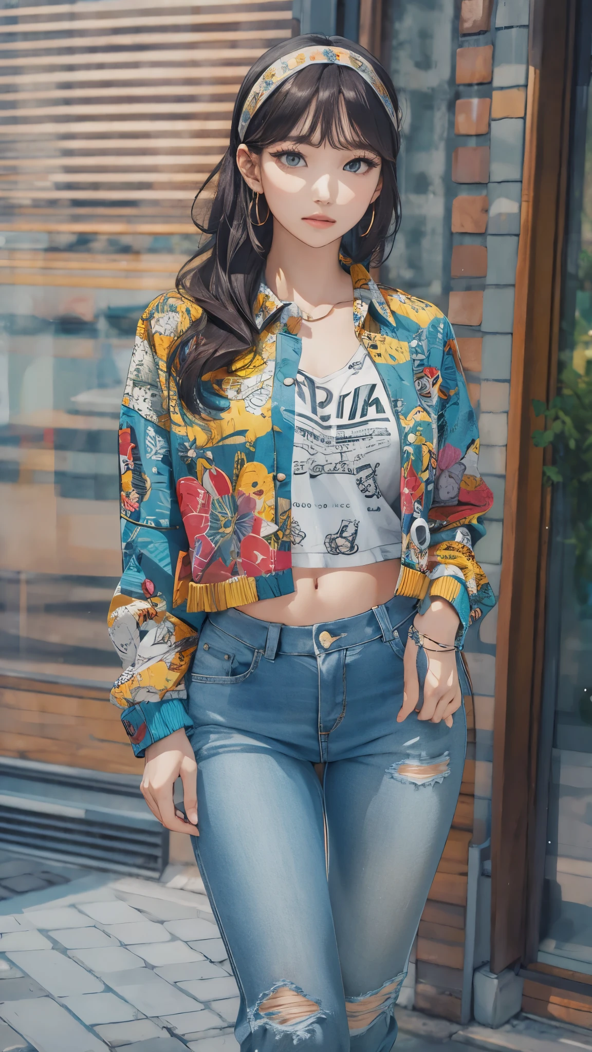 (masterpiece, best quality), beautiful woman, cute printed cropped shirt, jacket, jeans, short wavy hair, headband, asymmetrical bangs, perfect face, beautiful face, alluring, big gorgeous eyes, soft smile, perfect slim fit body, city streets, seoul, bright colors