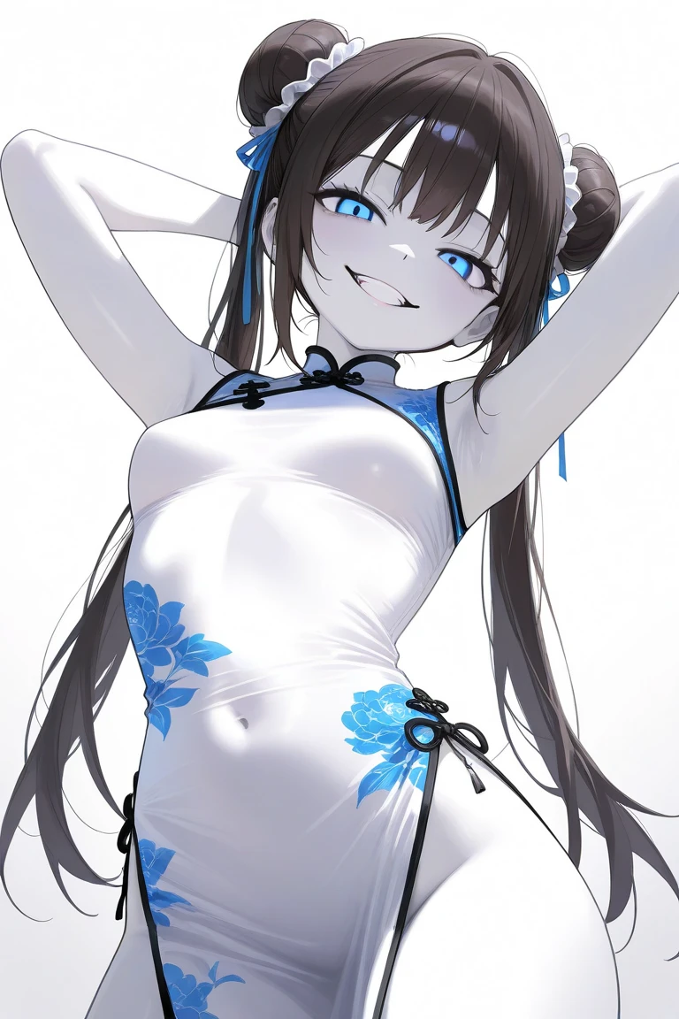 ((​masterpiece:1.4、top-quality:1.2))、1girl in、solofocus、delicated face、Highly detailed anime face and background blindfold：1.3、(transform sequence)、((stright long hair))、Soio、Soio、 girl、japanes、Lori、Chiquita、a junior highred、((white and blue chinese leotard))、（highleg）、Tiara on the head、A smile、is standing、Facing the front、
