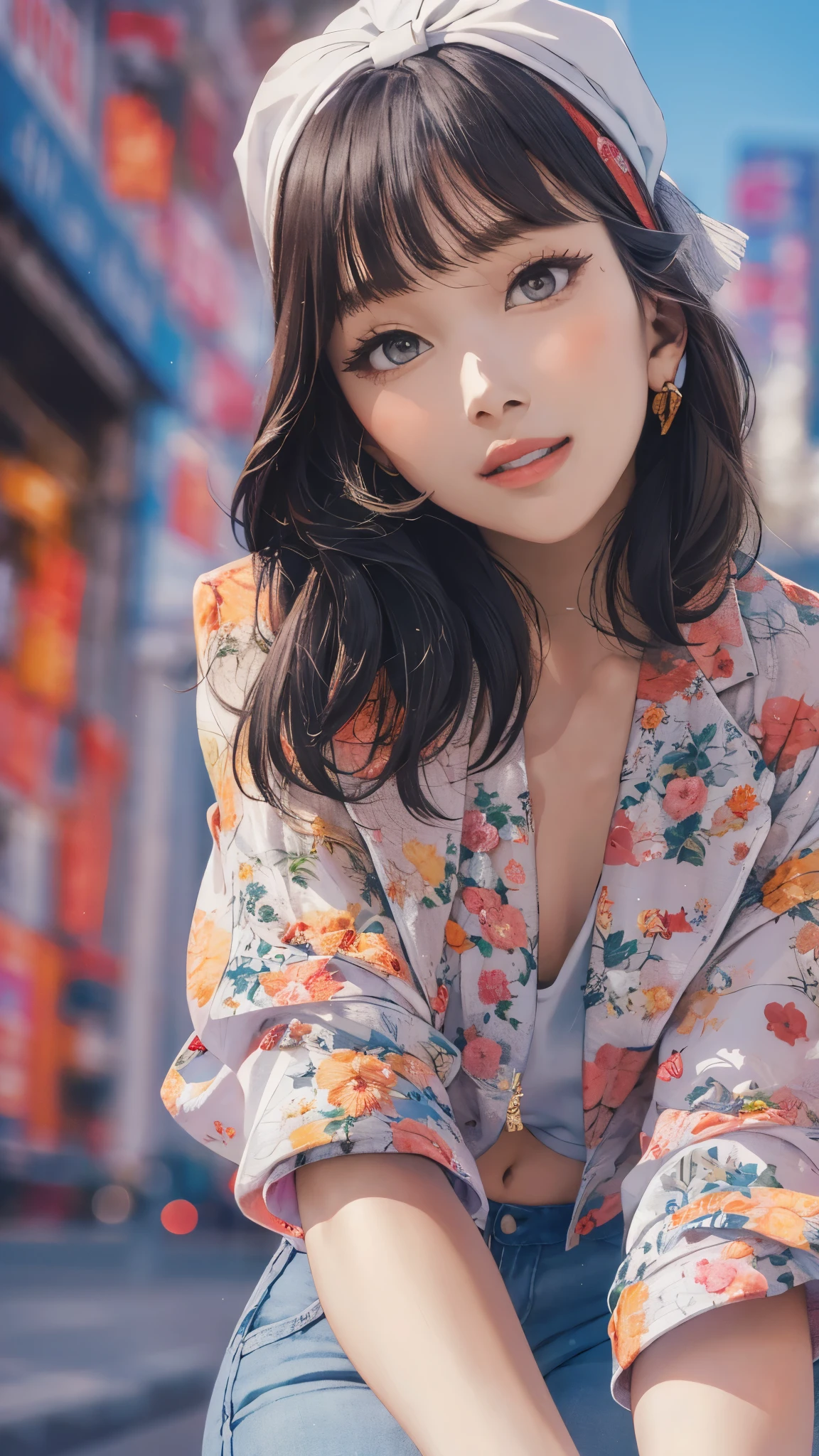 (masterpiece, best quality), beautiful woman, cute printed cropped shirt, jacket, jeans, short wavy hair, headband, asymmetrical bangs, perfect face, beautiful face, alluring, big gorgeous eyes, soft smile, perfect slim fit body, city streets, seoul, bright colors