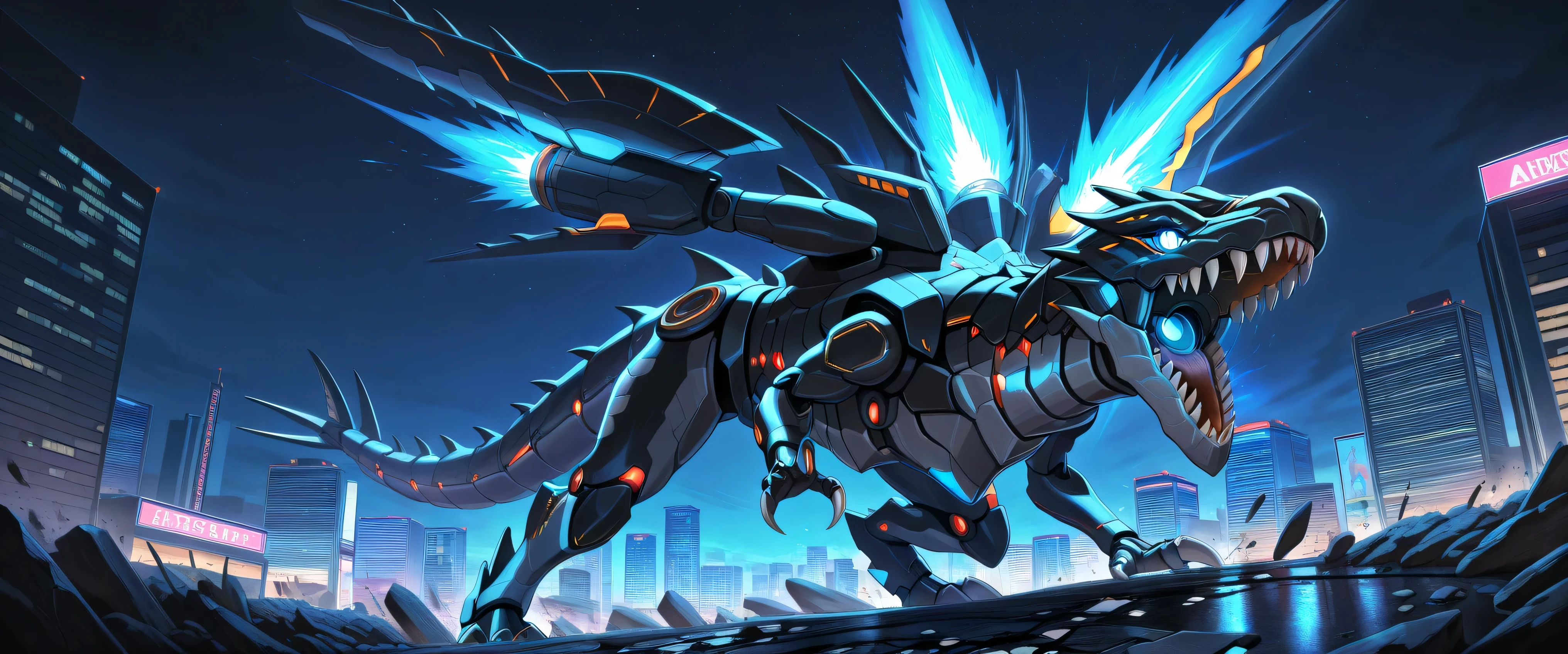 no humans,open mouth,sharp teeth,blue glowing eyes,robot,city,night sky,solo,broken road,mechanical tyrannosaurus rex,dinomorphia rexterm,mechanical booster, masterpiece,best quality,amazing quality,very aesthetic,absurdres,newest