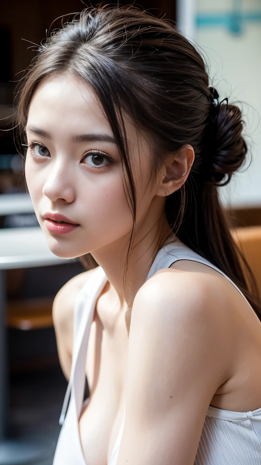super high quality, smile, Slenderのネックレス, Slender, Gravure photoshoot, The staff is working at the counter in the back., (8k、RAW Photos、Highest quality、masterpiece:1.2), Japanese Idol, Stylish café, (Realistic、Photorealistic:1.37), Mesh Hair, Urban Cafe, Golden Ratio, Raw photo, Cute face , Light Brown Hair, Small breasts, Bright cafe interior, Blurred Background, Summer clothes, Beautiful hairstyle, Photographed inside the cafe, Hair blowing in the wind, Neat clothes, ponytail, T-Shirts, 18-year-old, Stylish clothes, 
