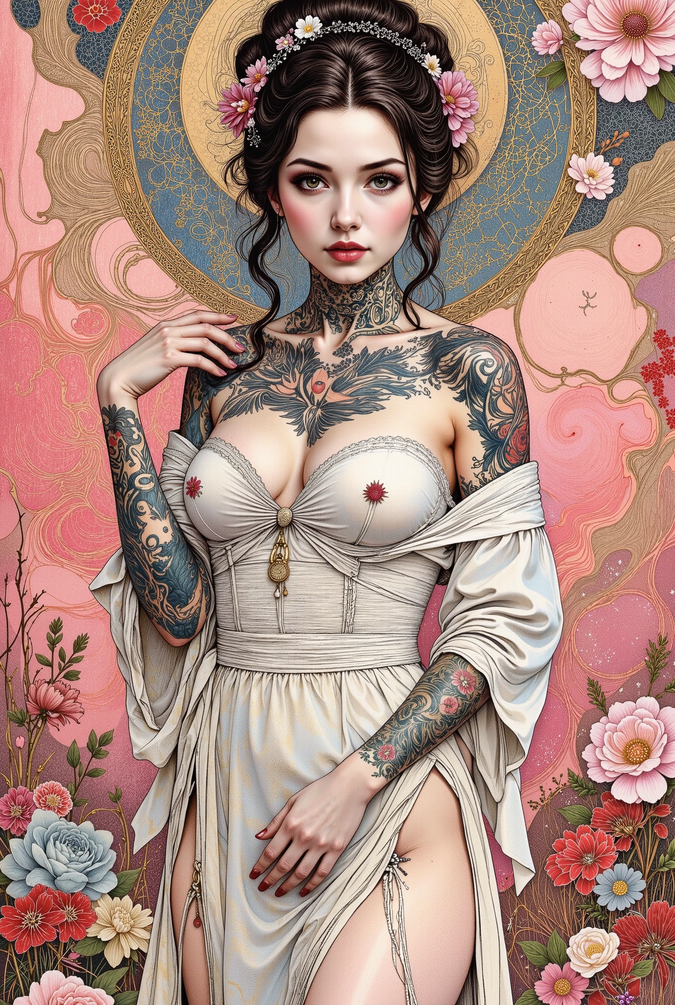 a woman with tattoos and a flower in her hair , wears twin circles , plush , Hair ornaments , long false eyelashes , rosy cheeks, Thick and plump lips , shiny and kissable lips , clothes white transparent dress , without showing private parts , wears white underwear, in the background wall of pink flowers of various colors, oriental tattoos, ink style, Japanese art style , anime character ; full body art , skinny yakuza girl, tattoo style, Geisha tattoo , beautiful body and face detailed , highly detailed full body art , Inked, body covered with floral tattoos , Extremely detailed woman , incredible painting , neotraditional tattoos