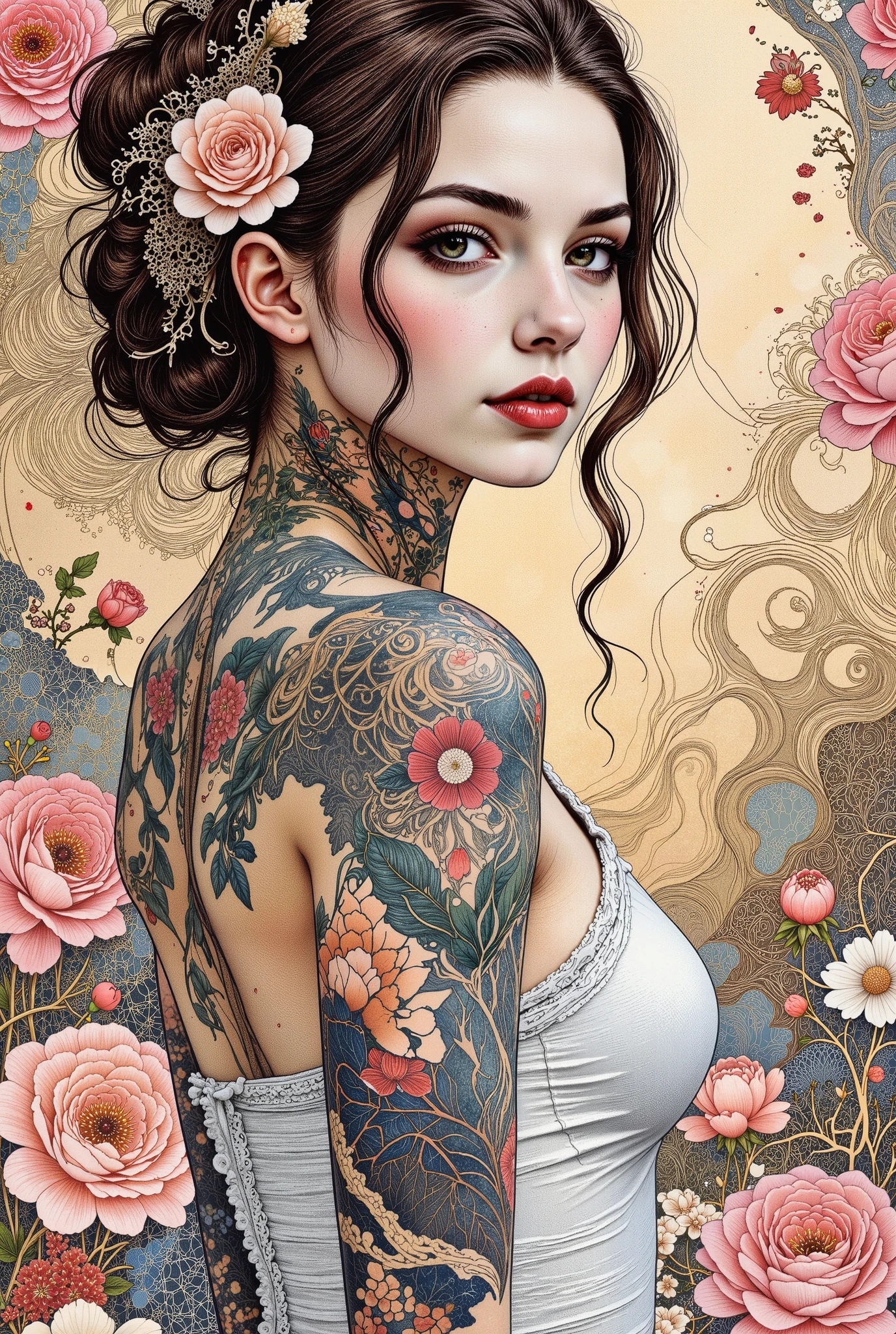 a woman with a flower in her hair ,  wears twin circles , plush ,  Hair ornaments ,  long false eyelashes , rosy cheeks,  Thick and plump lips ,  shiny and kissable lips ,  clothes white transparent dress ,  without showing private parts ,  wears white underwear,  in the background wall of pink flowers of various colors, oriental tattoos, ink style,  Japanese art style ,  anime character ;  full body art , skinny yakuza girl, tattoo style, Geisha tattoo ,  beautiful body and face detailed ,  highly detailed full body art , Inked,  body covered with floral tattoos ,  Extremely detailed woman ,  incredible painting ,  neotraditional tattoos 