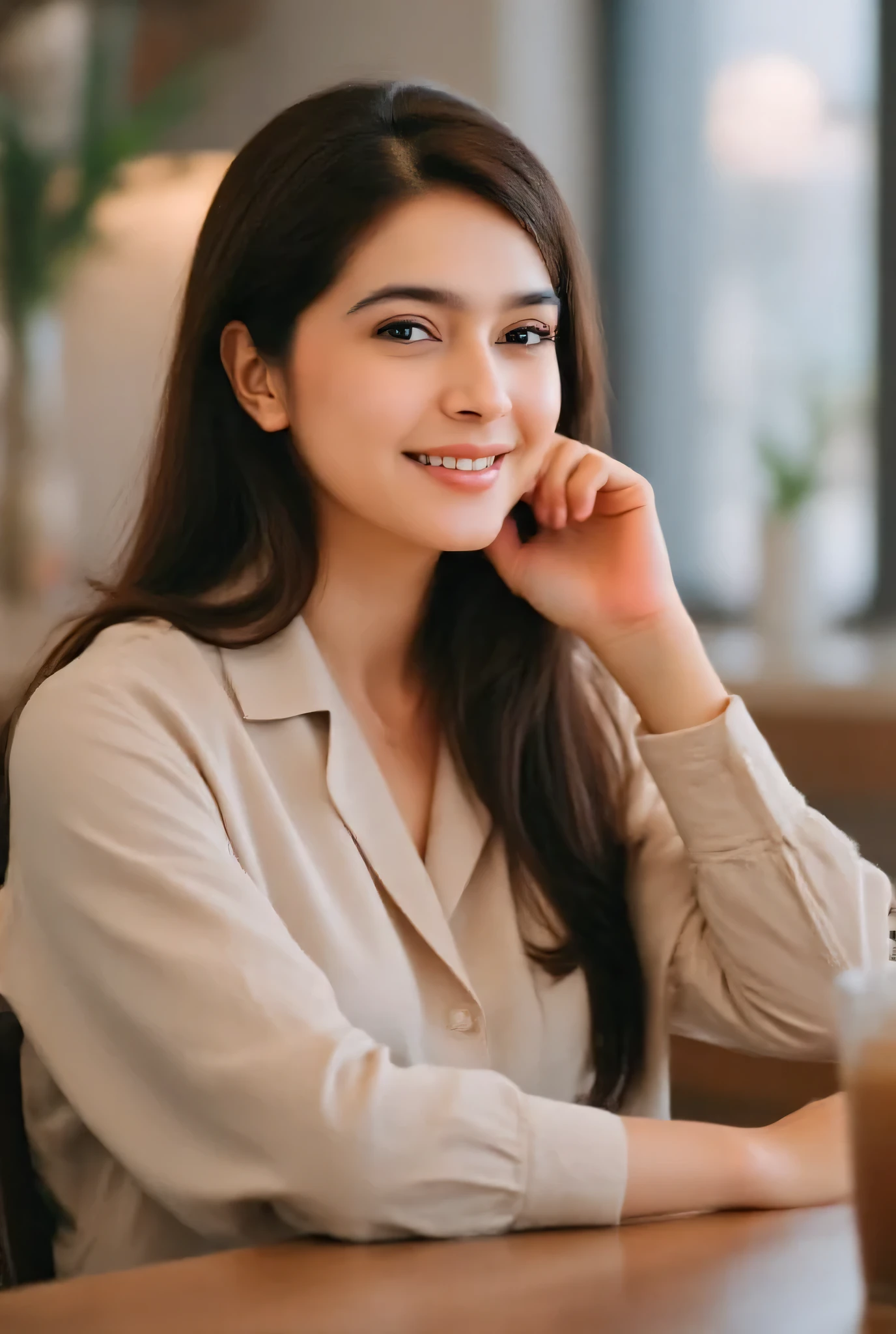 Realistic portrait, One afternoon in a coffee shop, a girl sat near the window, looking beautiful in the clothes she was wearing, she sat holding her head in one hand, looking and smiling sweetly, high quality, realistic, best quality, beautyful face.
